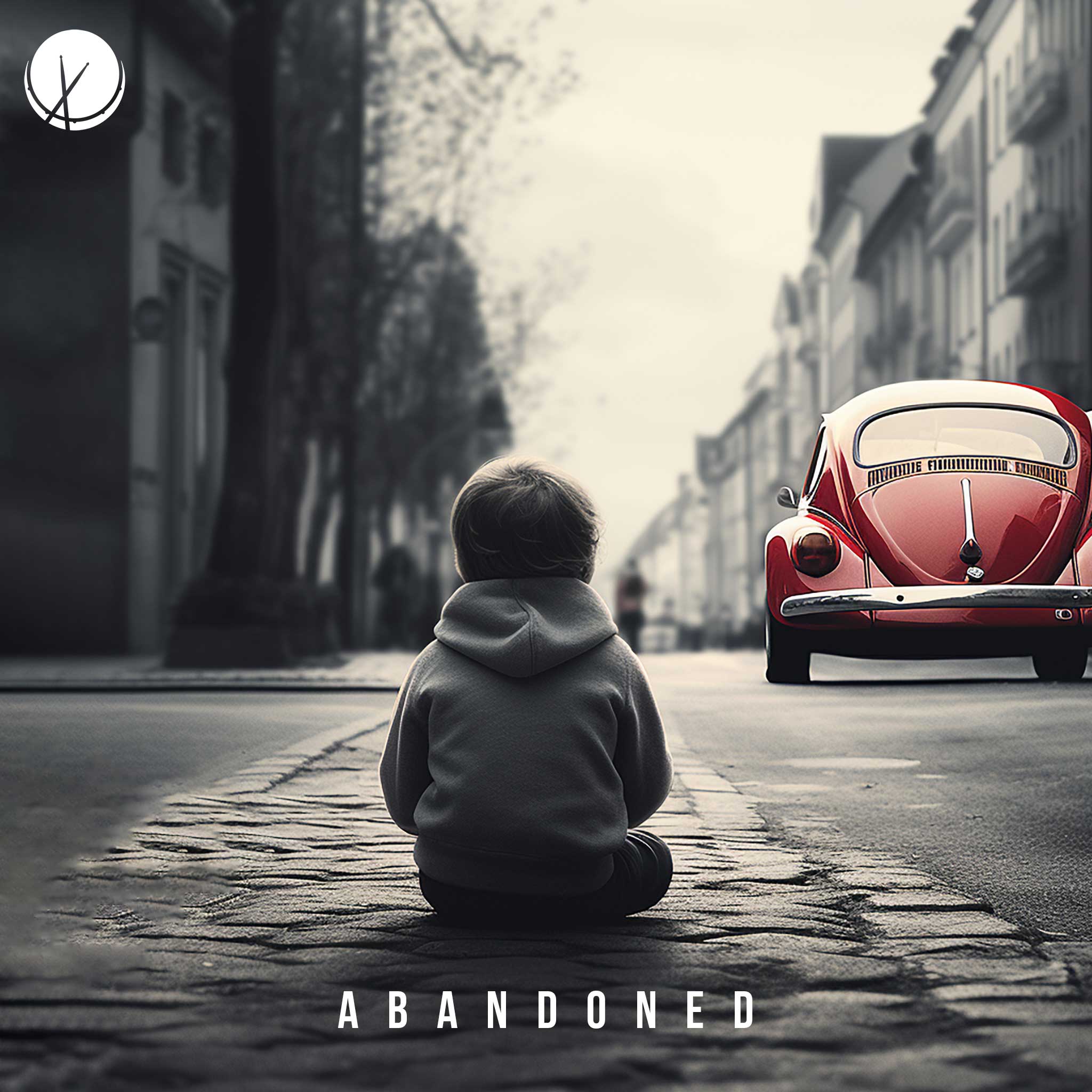 Cover Art Sad Little Boy Wearing Gray Hooded Sweatshirt Sitting on Cobblestone as Red Volkswagen Beetle Drives Away