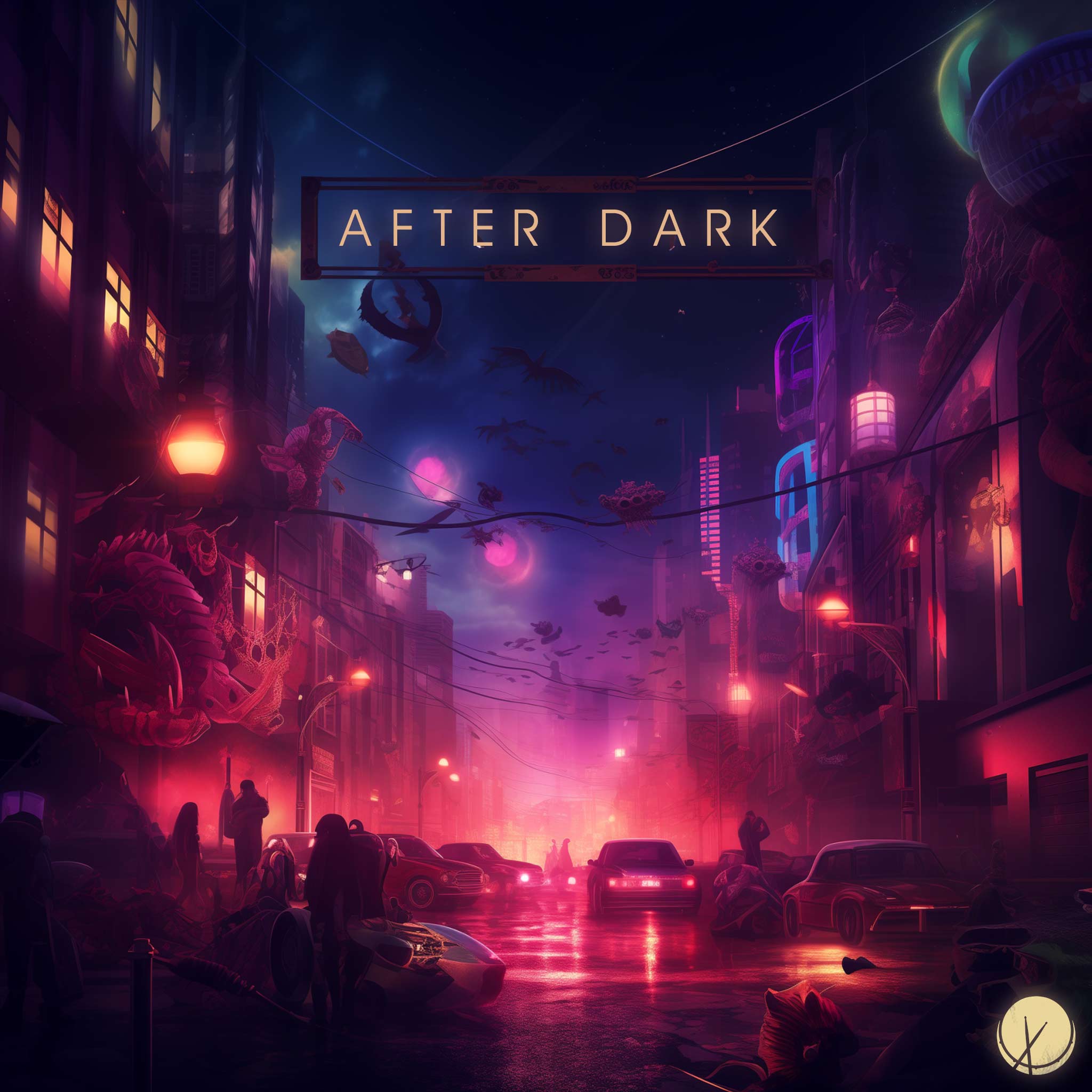 Cover Art - NIghtlife, Dangers in the City, Neon Glowing Lights, Cars on the Street, CGI Style Design