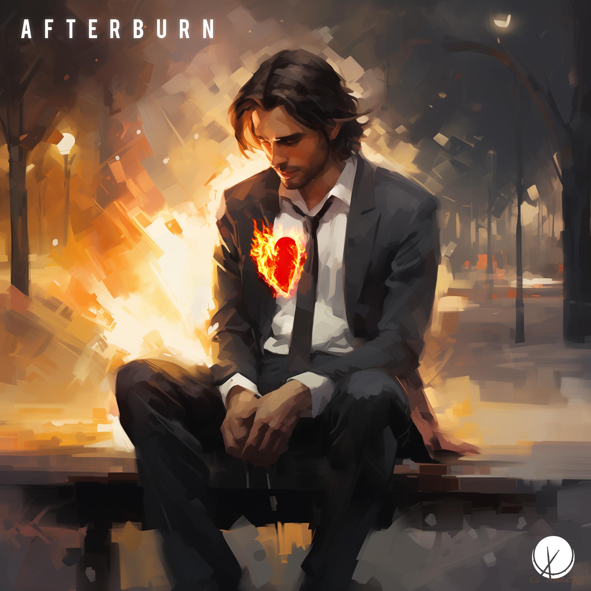 Autumn-themed cover art featuring a handsome man in a dark gray suit, white dress shirt, and black tie, sitting on a bench. A burning red heart-shape symbolizes heartbreak and the emotional intensity of the moment