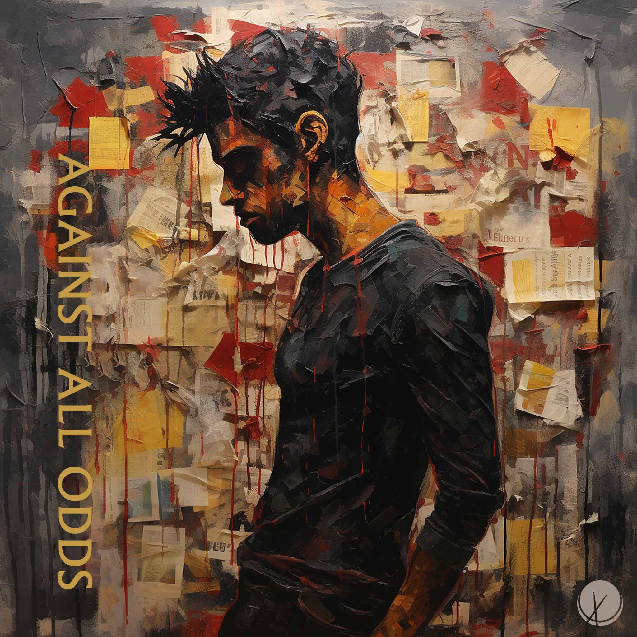 Cover art of Indian man in gray sweatshirt, serious side profile, surrounded by a collage of sticky notes and newspapers. Textured with dripping paint, blending gray, yellow, and red colors.