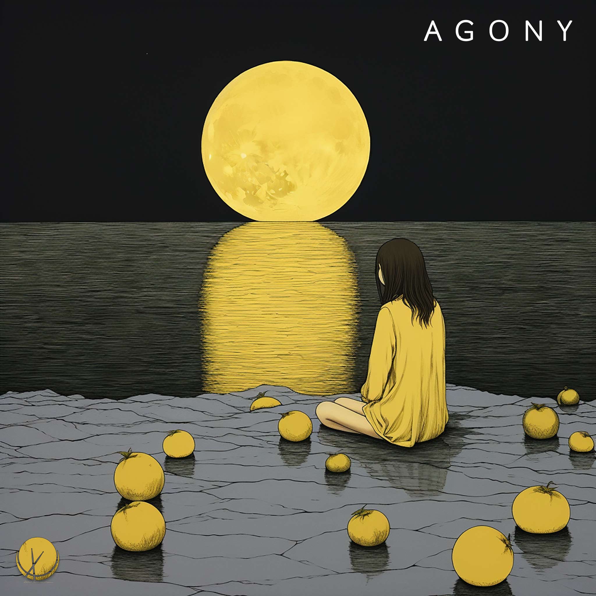 Illustration-Style Cover Art - Girl wearing a yellow sweater, Sitting on her knees, looking towards the full yellow moon at night reflecting on the sea, surrounded by yellow peaches on sandy ground