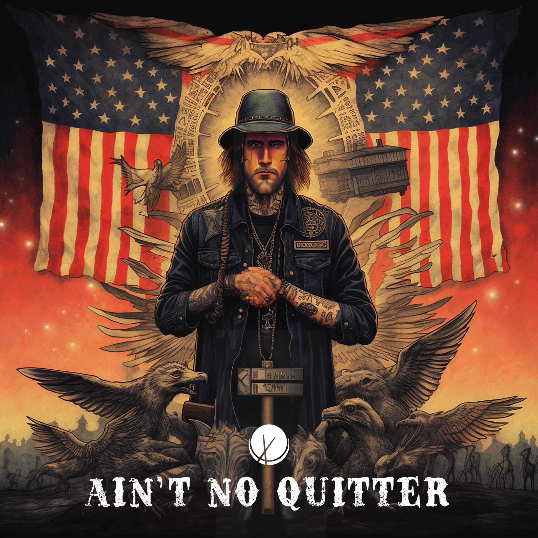 Cover art featuring a Southern man in vintage rugged style, donning a jean jacket, covered in tattoos, and wearing an old Civil War hat. His serious expression is set against a backdrop of American flags, eagles, and stars in the red sky, capturing a patriotic and intense atmosphere.