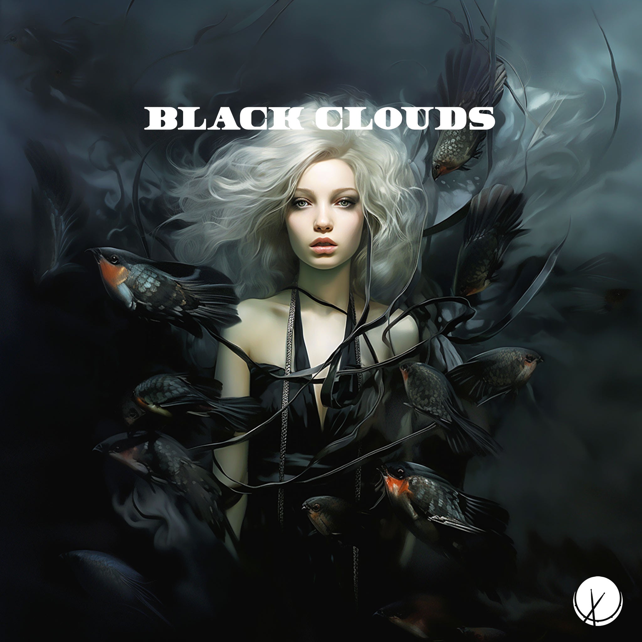 Cover Art - Blonde Woman with Make Up, Sad and Lost Facial Expression, Surrounded by Darkness as if Trapped by Ribbon, Black Birds All Around