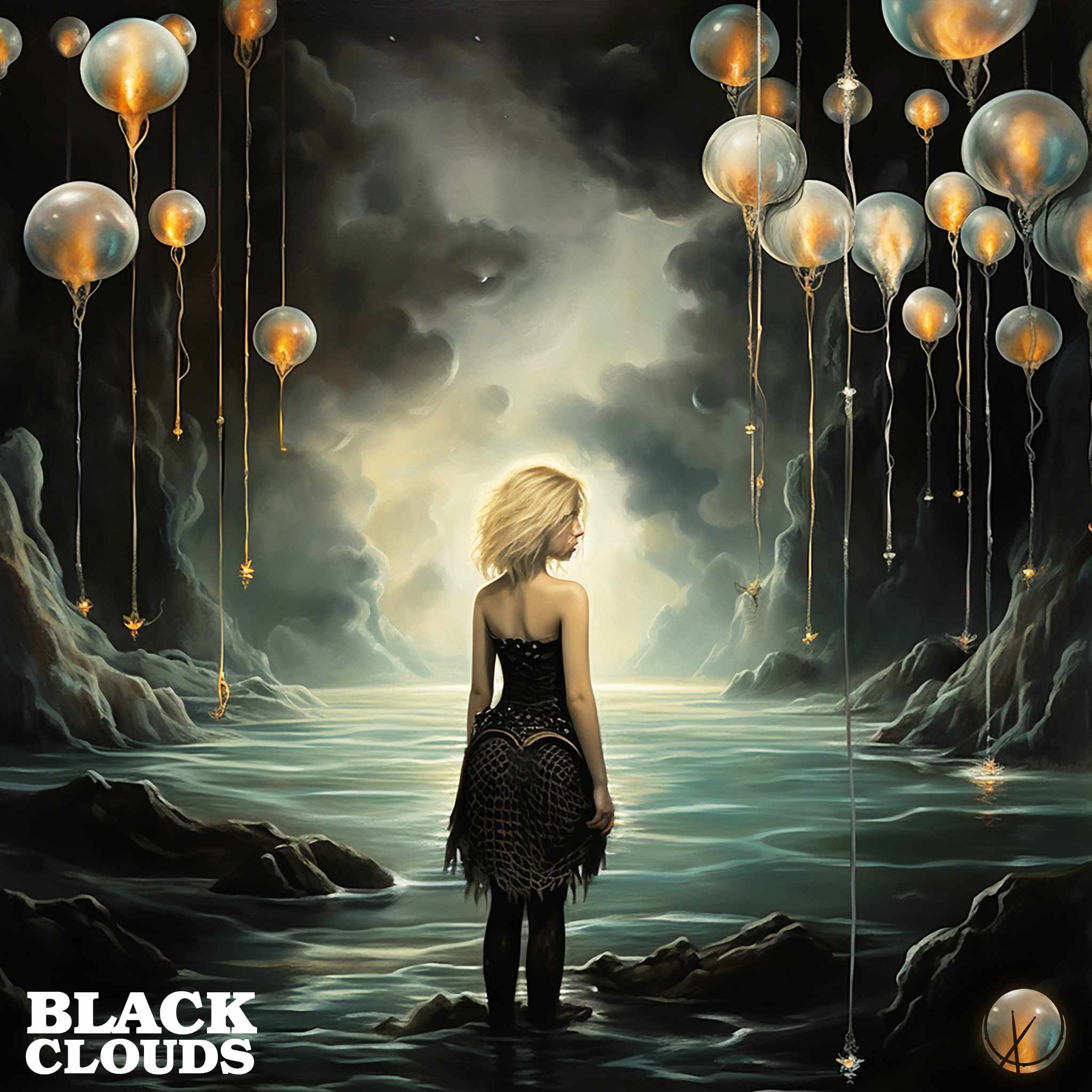 Cover Art - Blonde Woman in Stylish Black Dress with Black Stockings Standing in Sea Beneath Dark Black Clouds and Hovering Orbs with Strings Dangling Down