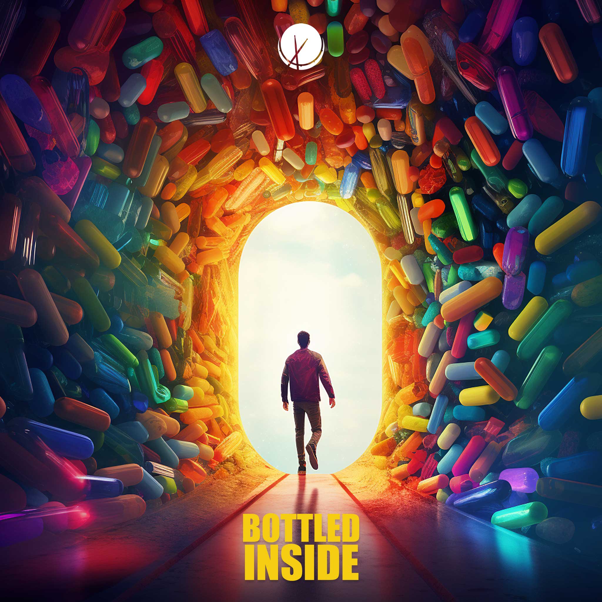 Cover Art of Man Walking through a tunnel towards the light, from inside bottle of prescription drugs, pills of many colors