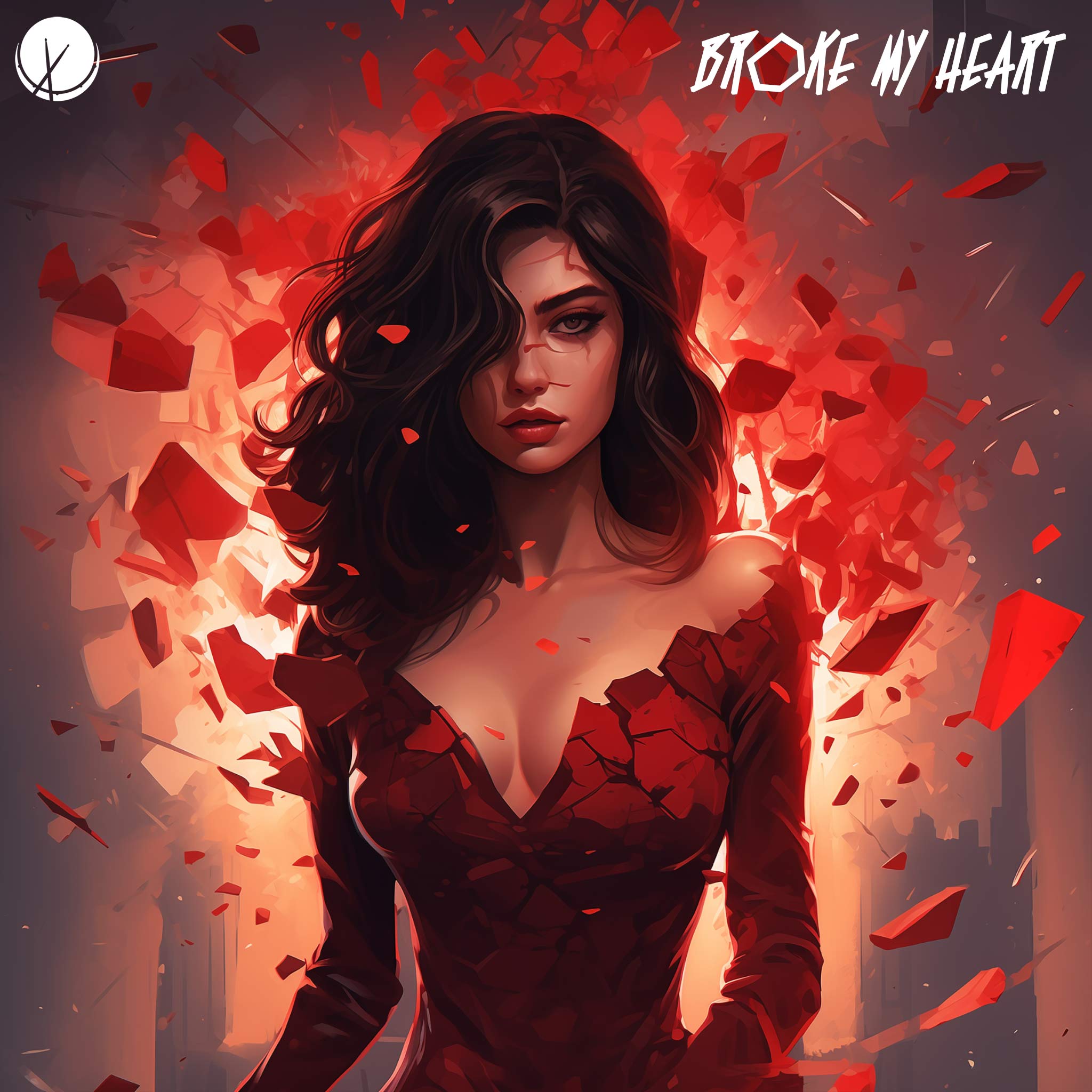 Cover Art - Brunette Beautiful Woman, Illustration, Red Shattered Particles, Expression of Broken-Hearted Emotions