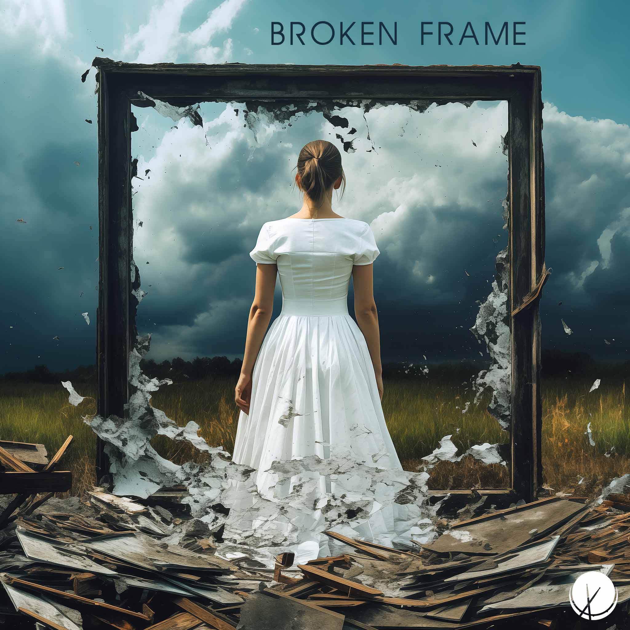 Cover Art - Woman in White Dress, Standing in Front of a Broken Frame, Dark and Cloudy Background with Grassy Field