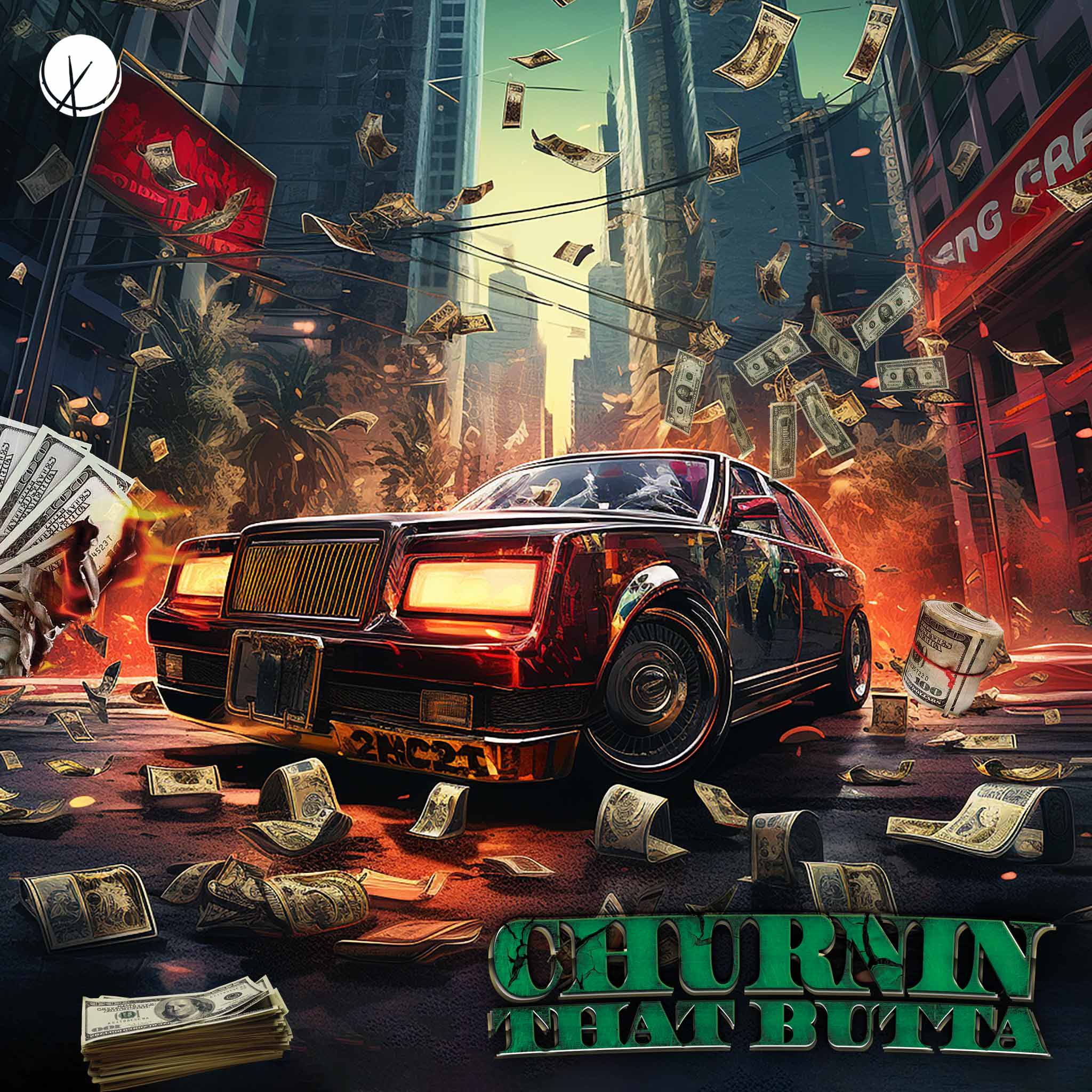 Cover art with a hip-hop theme featuring a Bentley in the city, surrounded by flying money, symbolizing success and affluence