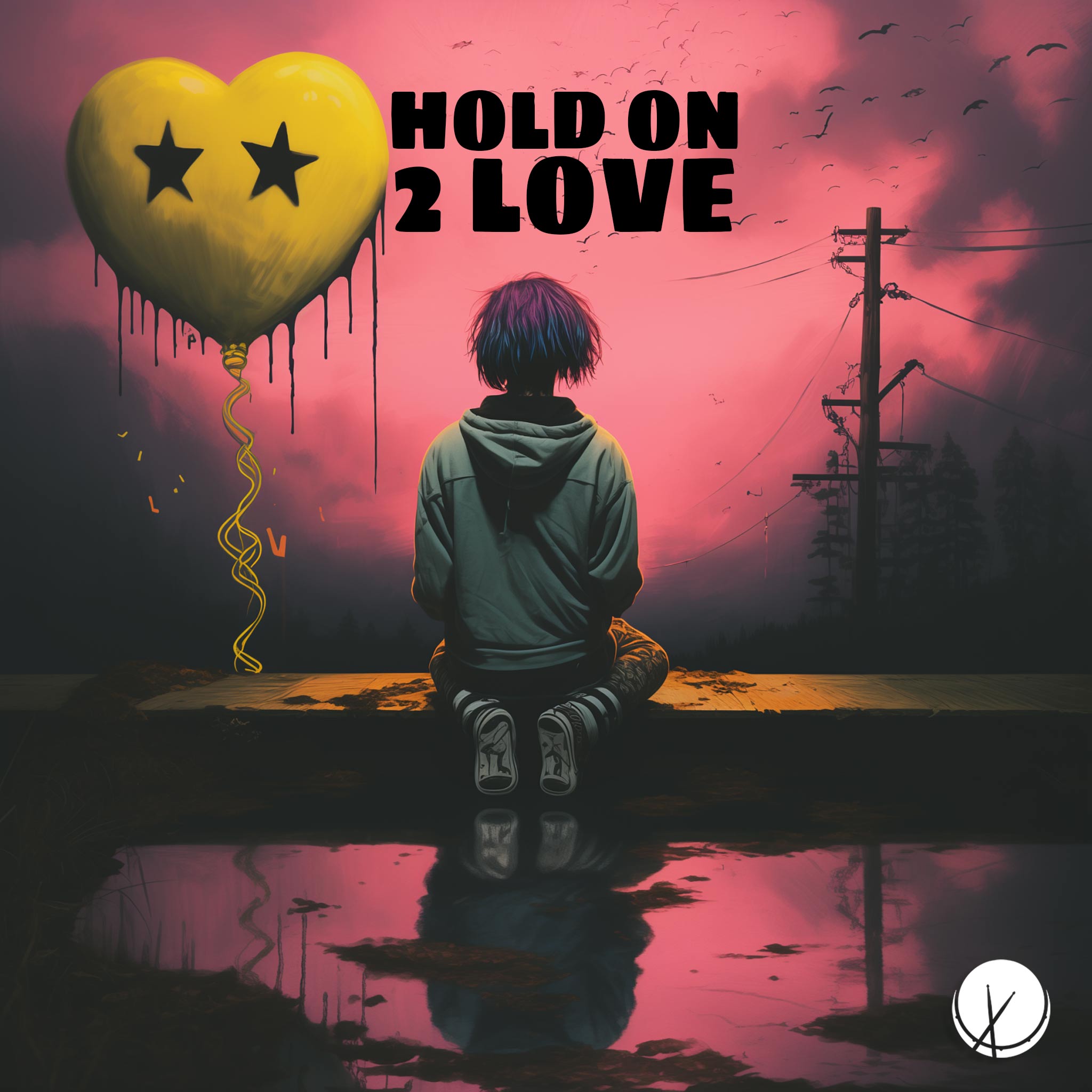 Emo Rap Cover Art: Boy with disheveled purple hair kneels by a puddle, near a heart-shaped balloon