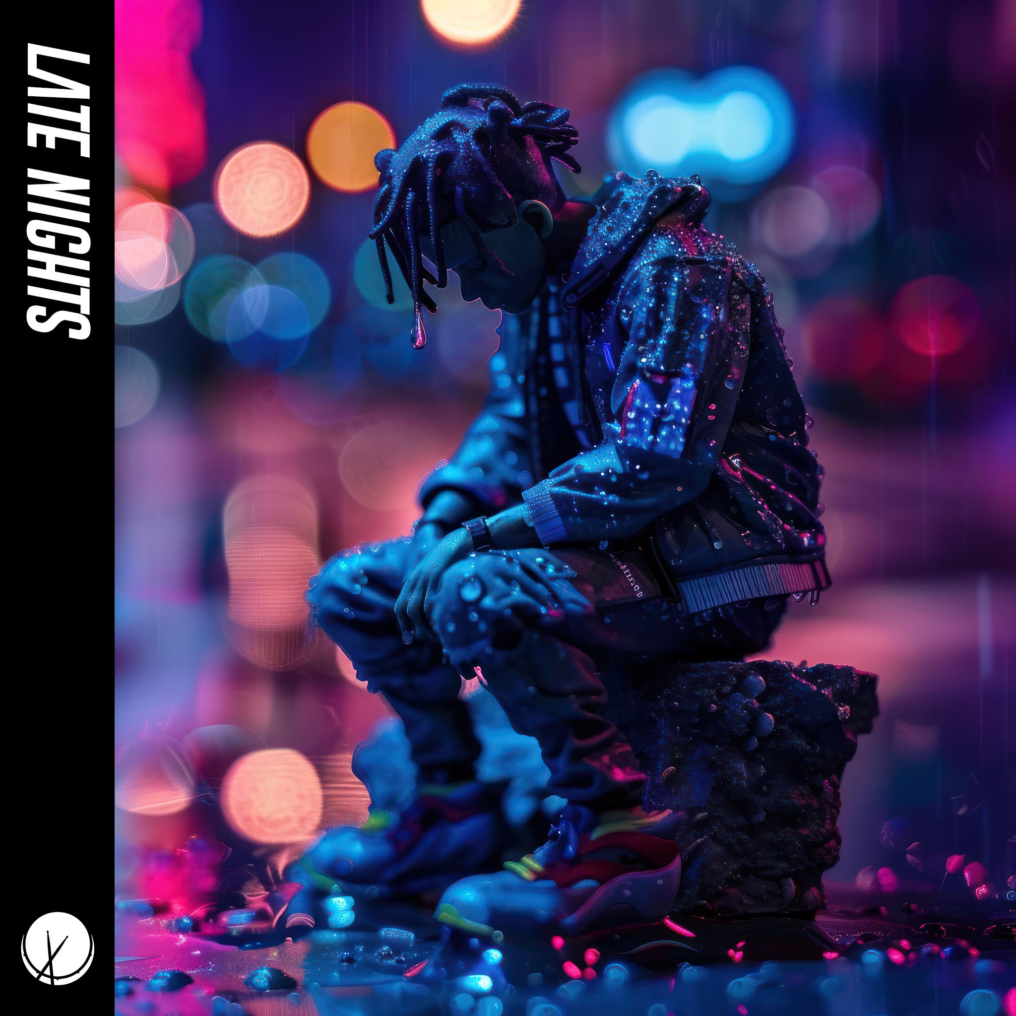 Clay Figure of Conflicted Emo Rapper Sitting in Urban Clothing with Dreads, in City at Night under Rainfall, Blue and Purple Hue. Cover Art: "Late Nights."