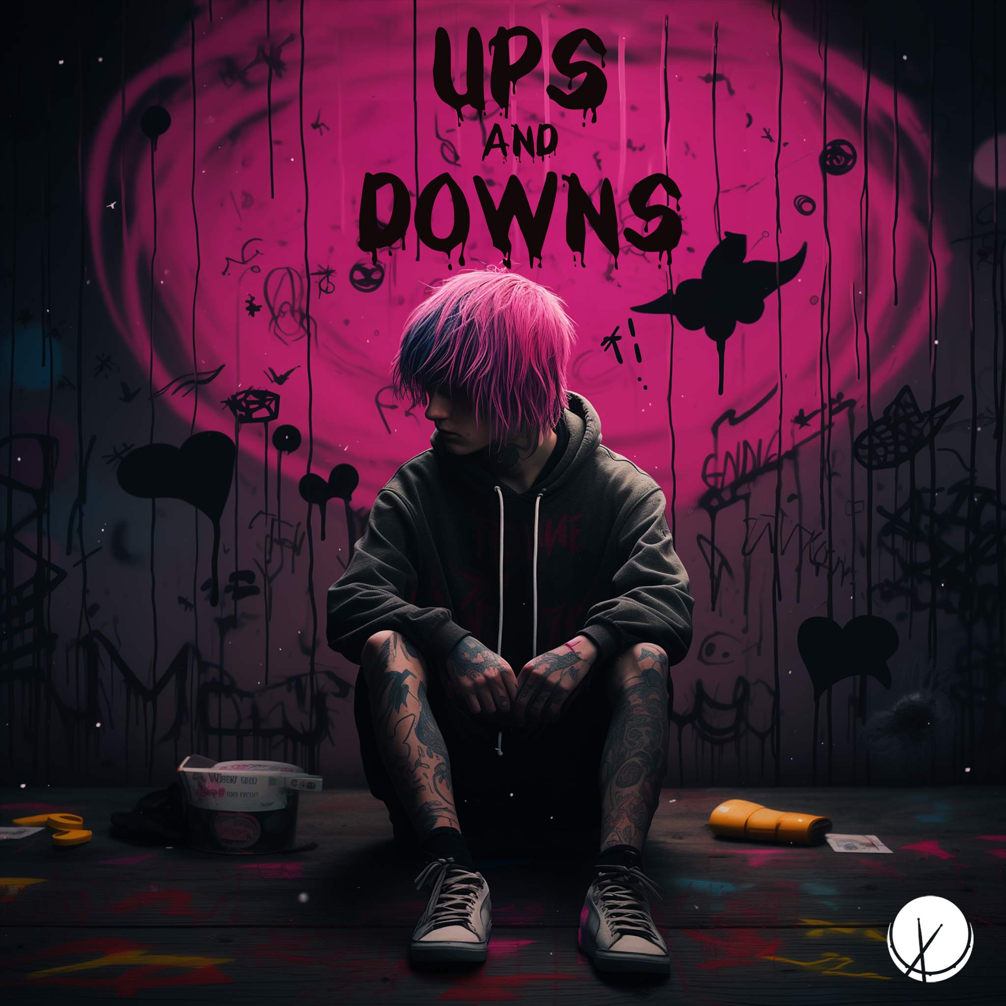 Cover art featuring a boy with pink and blue hair, adorned in a dark green sweater, shorts, and sneakers, with tattoos all over. The scene is set in a room with spray-painted walls and floors, capturing a depressed and sad emo-trap theme