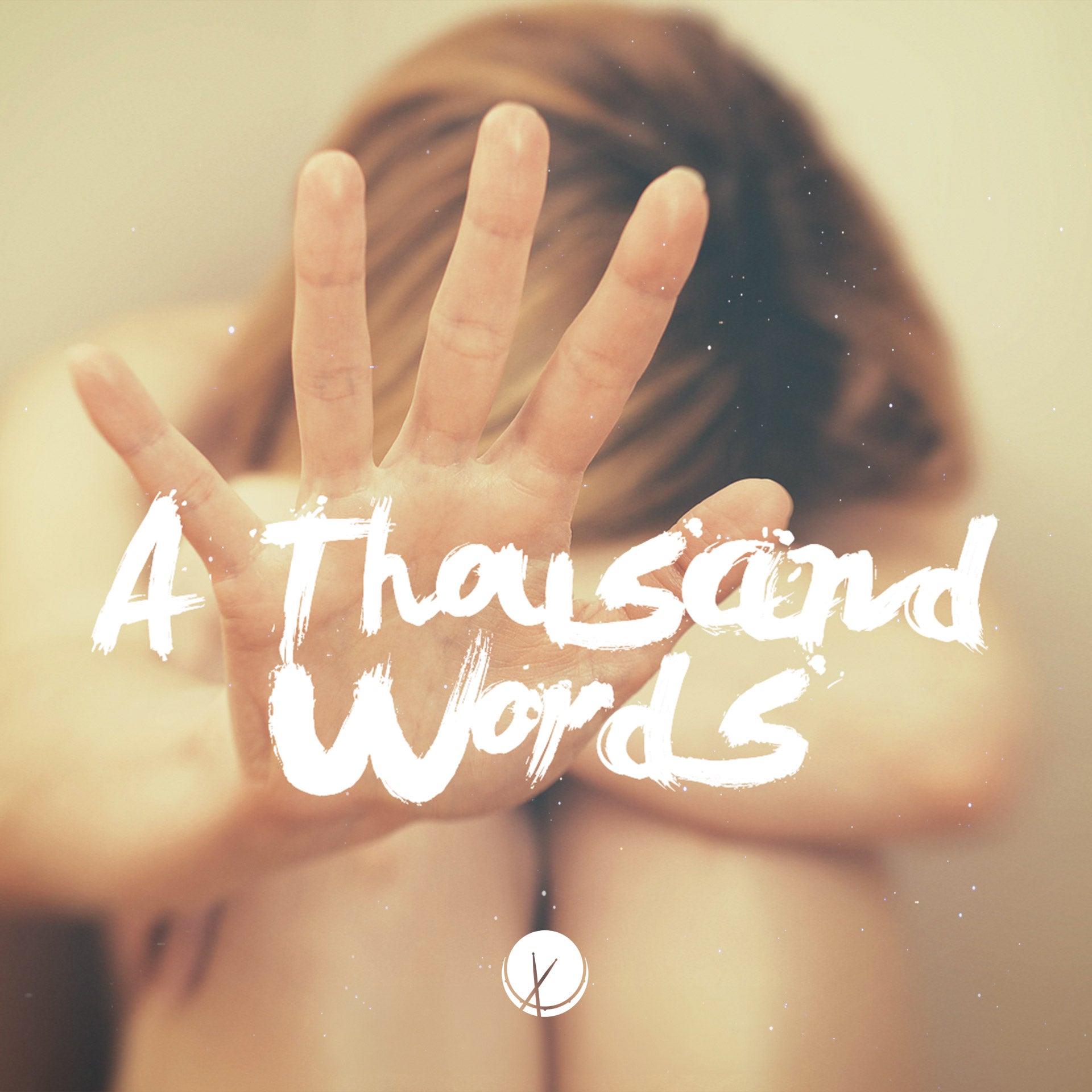 Expressive image titled "A Thousand Words" portraying a woman with her hand raised, symbolizing a poignant plea for reprieve from her sorrows. The poignant visual captures a moment of vulnerability and the depth of emotion.