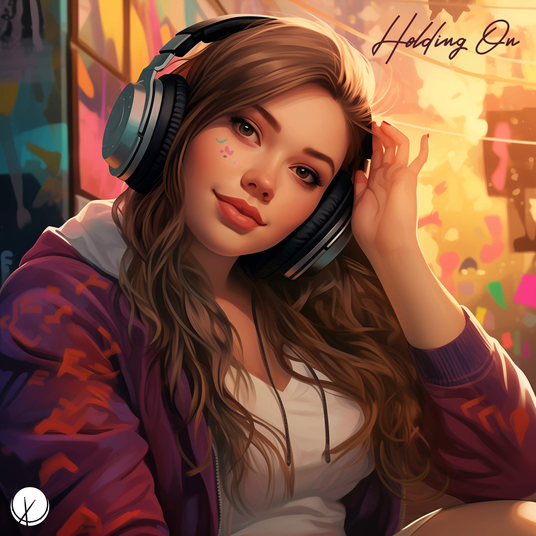 Pop music cover featuring an attractive and pretty overweight girl with paint on her face. She is wearing a hooded sweater, a white t-shirt, and has long brunette hair, while listening to music in headphones. Title: "Holding On."