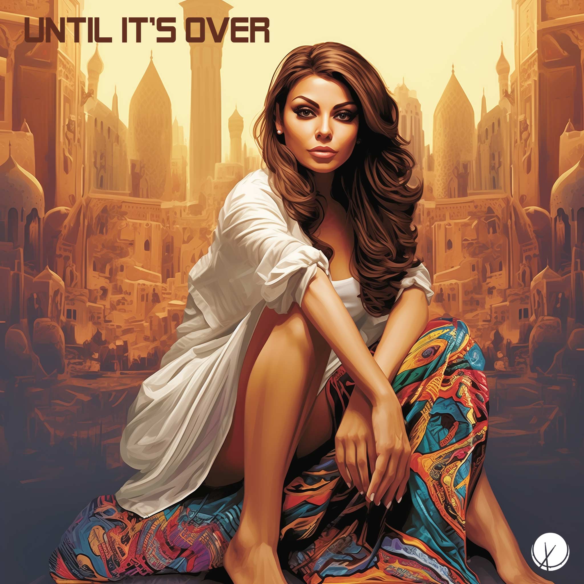 Beautiful Middle Eastern woman with make-up, wearing a white shirt and colorful skirt, barefoot, with Arabic architecture and city landscape in the background. Title: "Until It's Over."