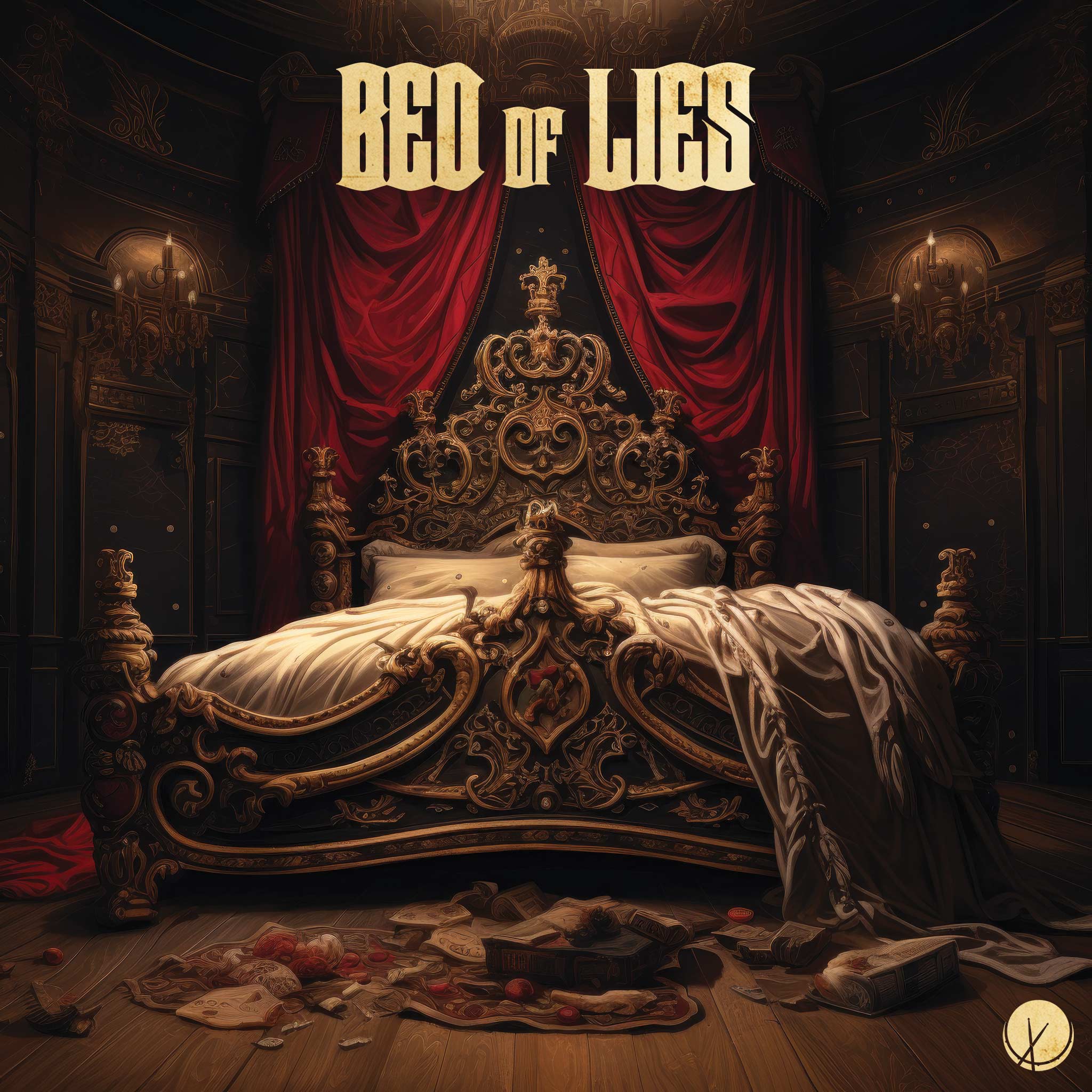 Opulent scene titled "Bed of Lies" featuring a king-sized bed with red curtains in the room, exuding a luxurious appearance. The composition is designed for pop cover art, capturing an atmosphere of elegance and intrigue.