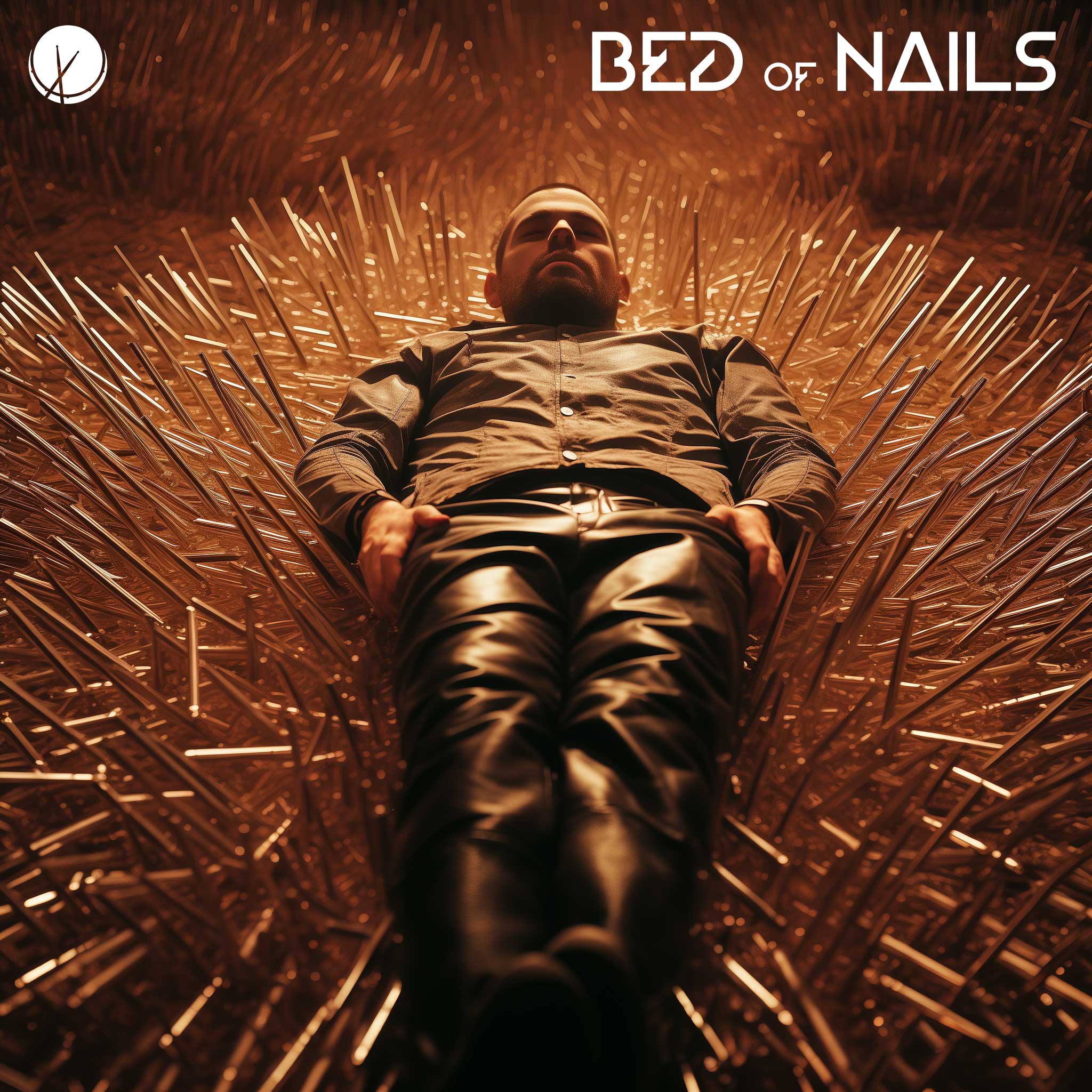 Experimental cover art for emo trap featuring a man sleeping on a bed of nails. Title: "Bed of Nails."