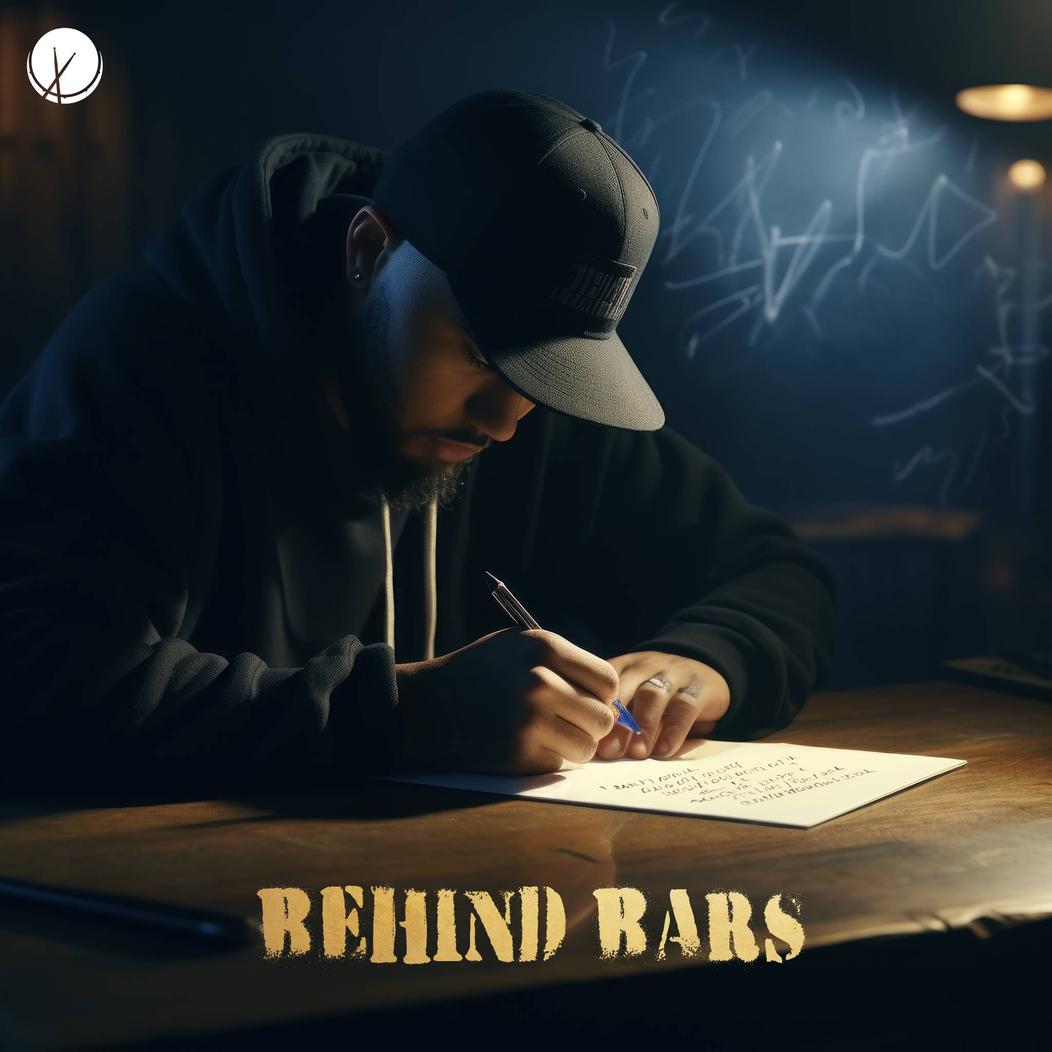 Compelling scene titled "Behind Bars" depicting a rapper writing on a notepad in a realistic cinematic style. The image captures a moment of creativity and introspection, adding depth to the overall composition.