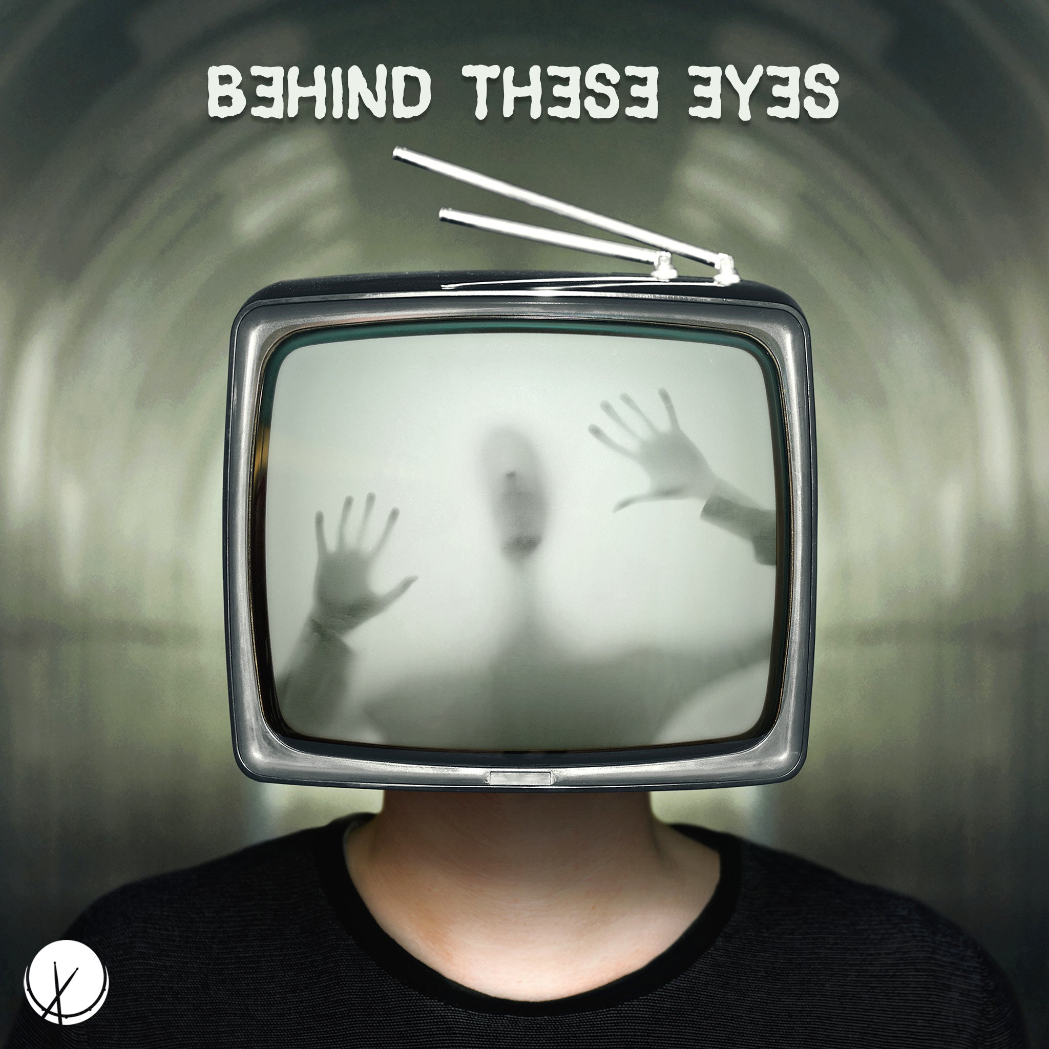 Image of a man with a television set as a head with a green hue. On the screen is a silhouette of a man trying to break free, creating a creepy atmosphere. Title: "Behind These Eyes."