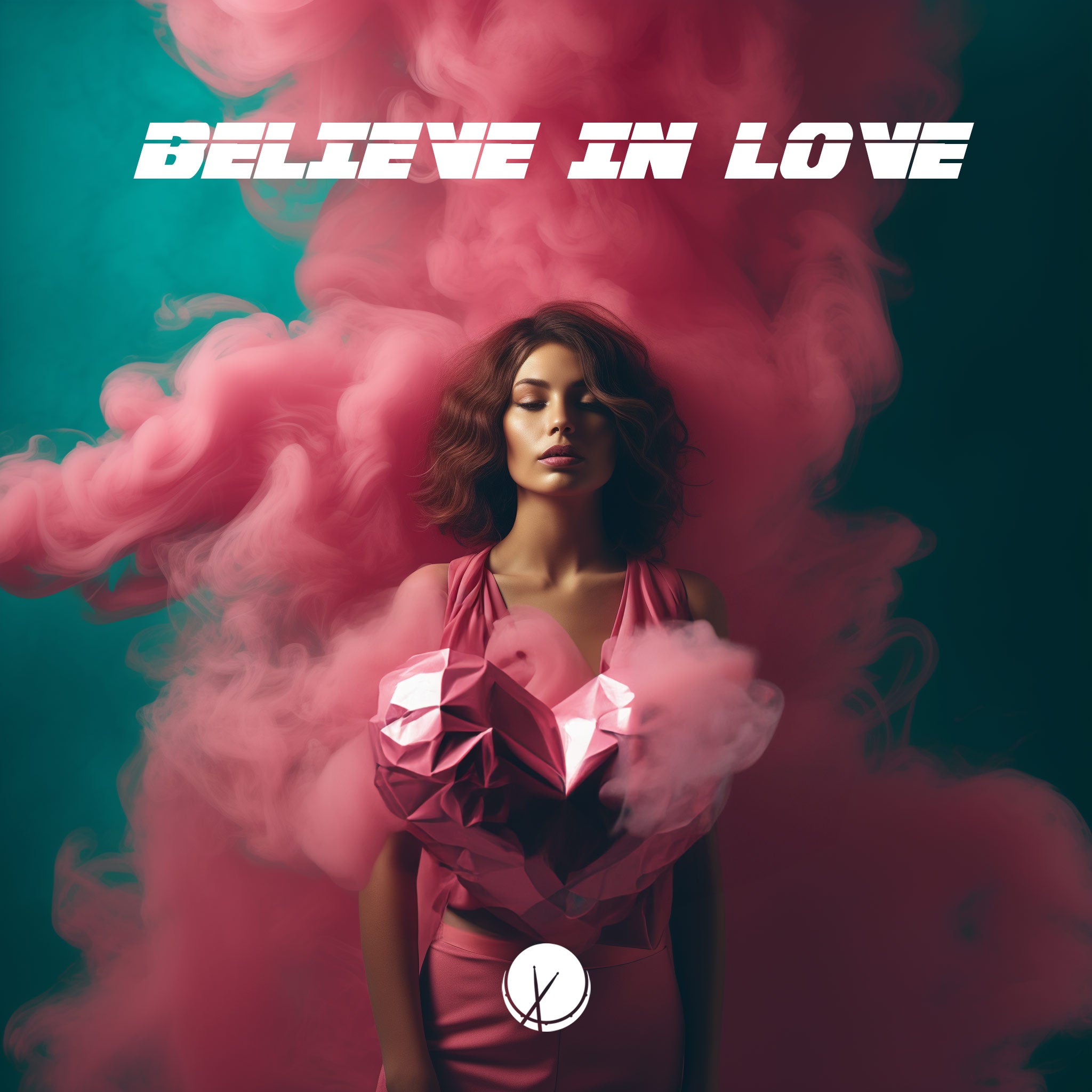 Image of a beautiful woman in a pink dress with makeup, shoulder-length brown wavy hair, against a cyan background. There's a puff of pink smoke, and a balloon heart is in front of her. Title: "Believe in Love."