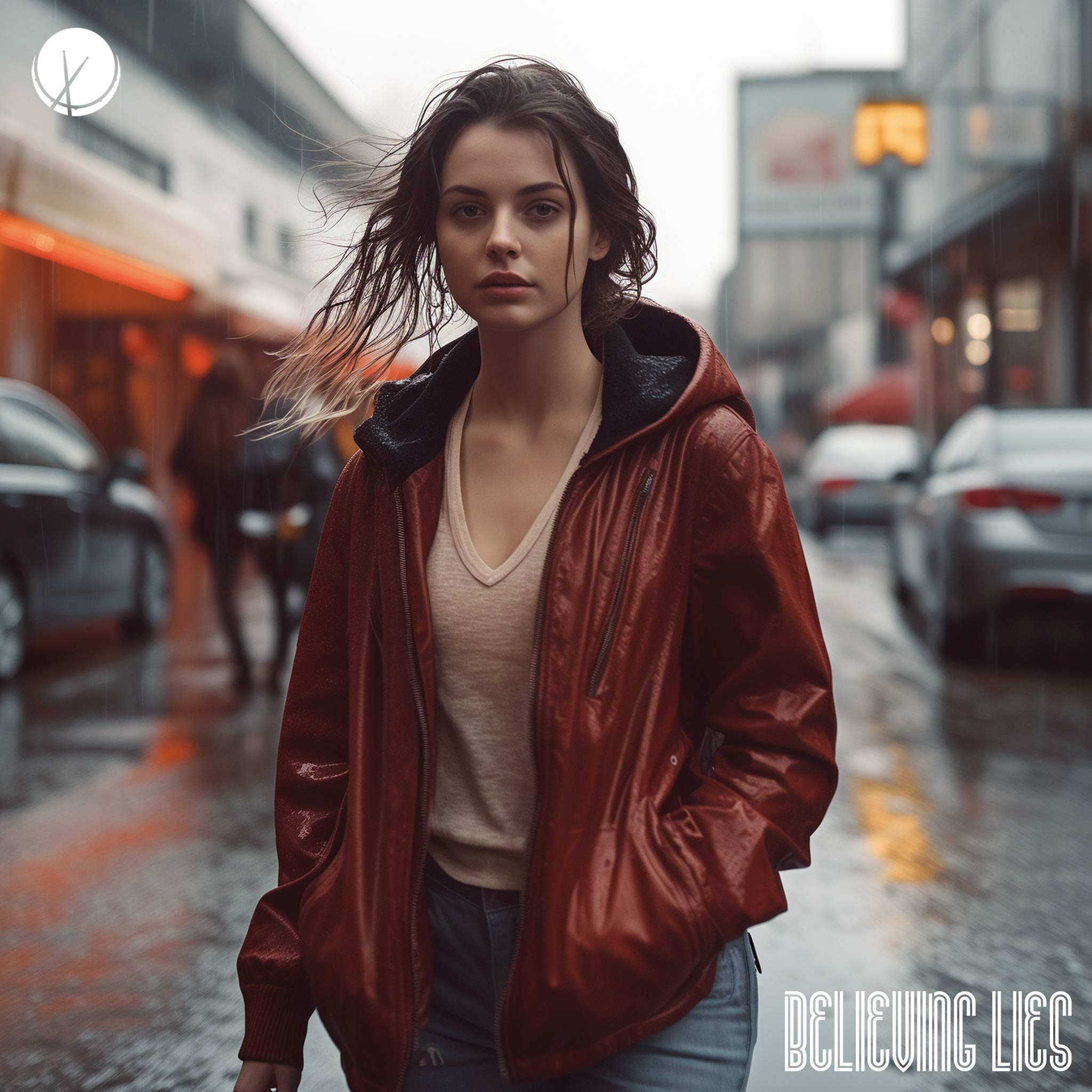 Image of a brunette, wavy-haired woman wearing a red jacket, standing outside in the rain on a cloudy day. Title: "Believing Lies."