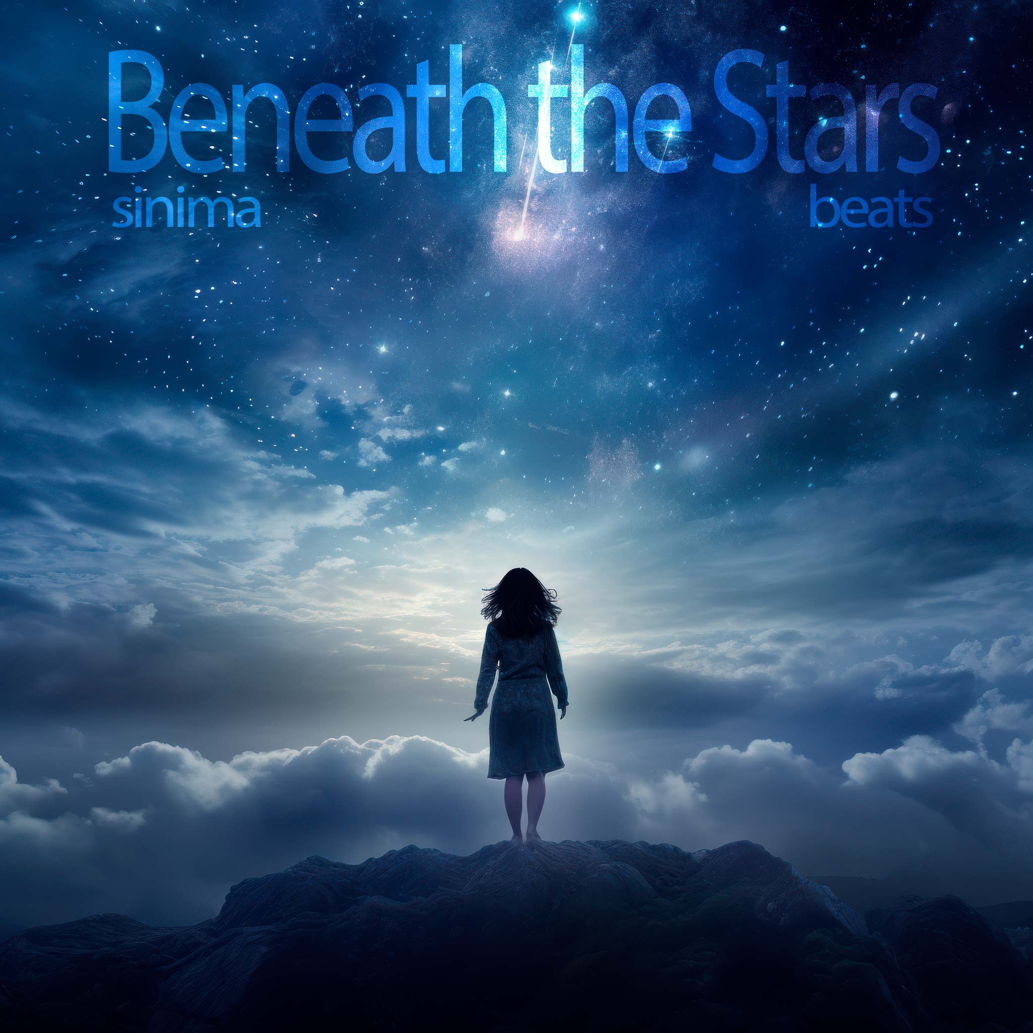 Enchanting illustration titled "Beneath the Stars" featuring a dreamlike stars night sky. A little girl is depicted under the cosmos, surrounded by vibrant blue colors, creating a magical and captivating scene.