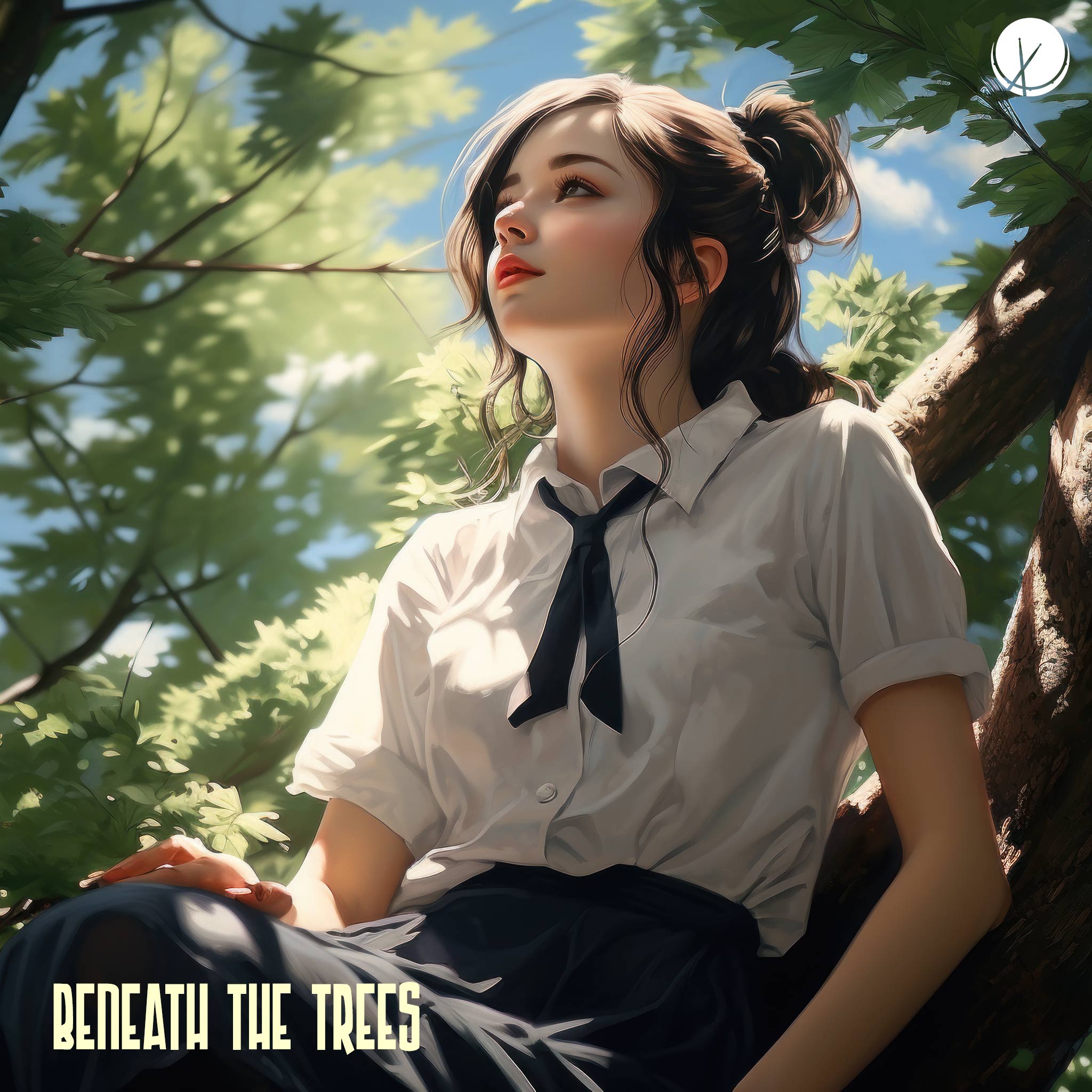 Charming scene titled "Beneath the Trees" in anime-style realism featuring a young girl in a schoolgirl uniform sitting beneath the trees on a sunny day, finding shade. The illustration captures a serene moment with a touch of innocence and nature.