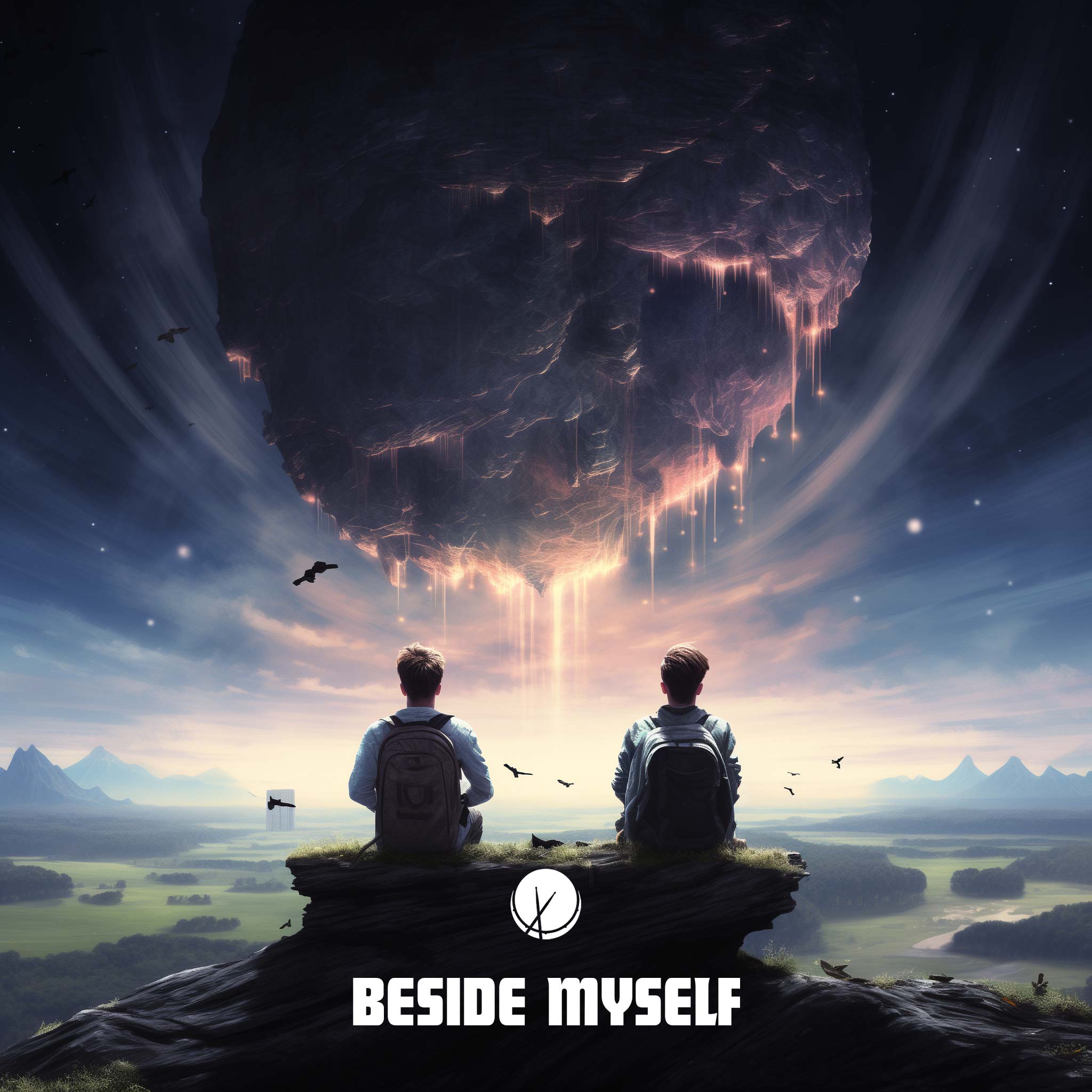 Atmospheric cover art featuring two young men sitting next to each other at the peak of a mountain, looking out at a cosmic phenomenon in the sky. Title: "Beside Myself."