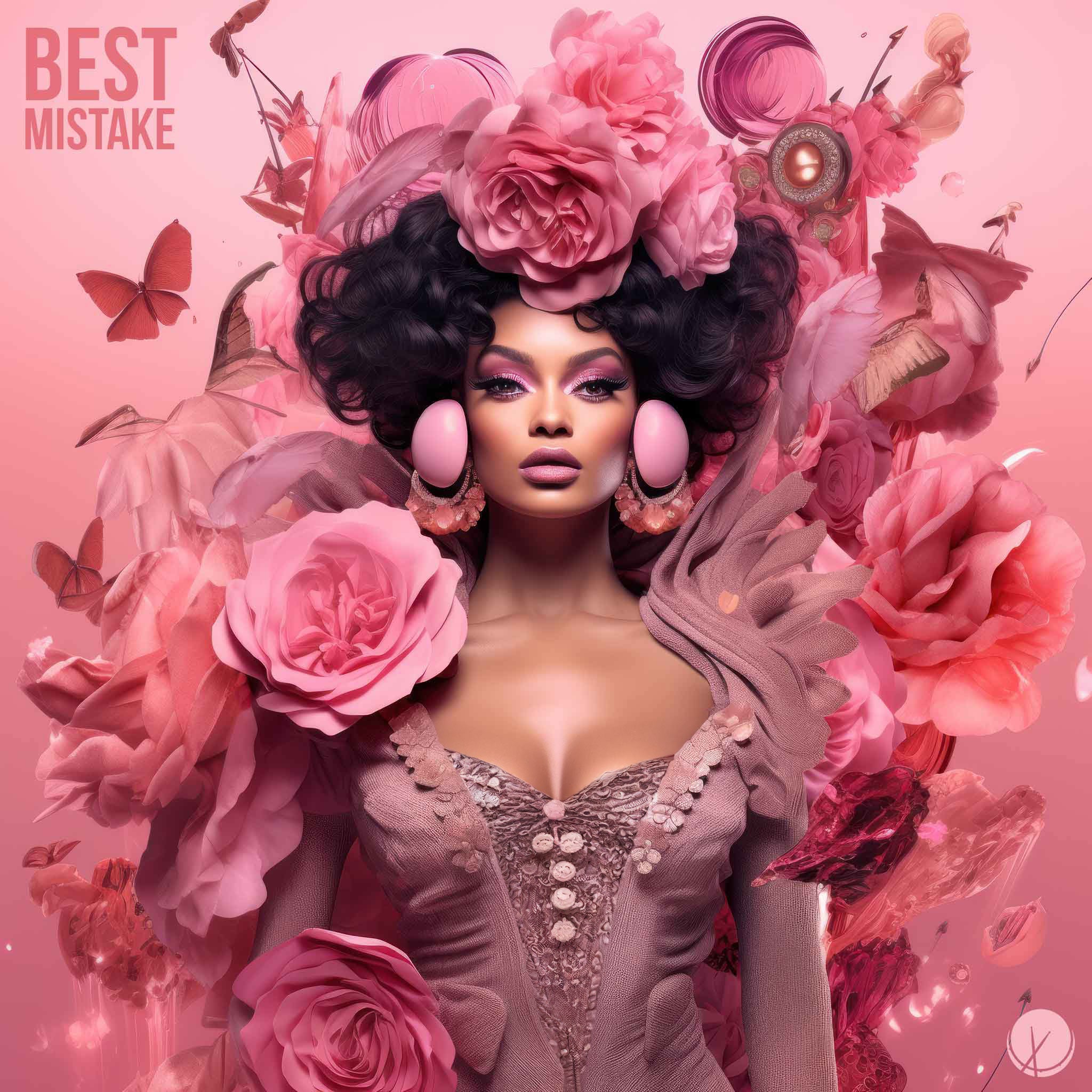 "Best Mistake" R&B Cover Art - Prominent Color of Pink - Beautiful Woman in Pink Dress, Earrings, Makeup, Surrounded by 3D Object Designs