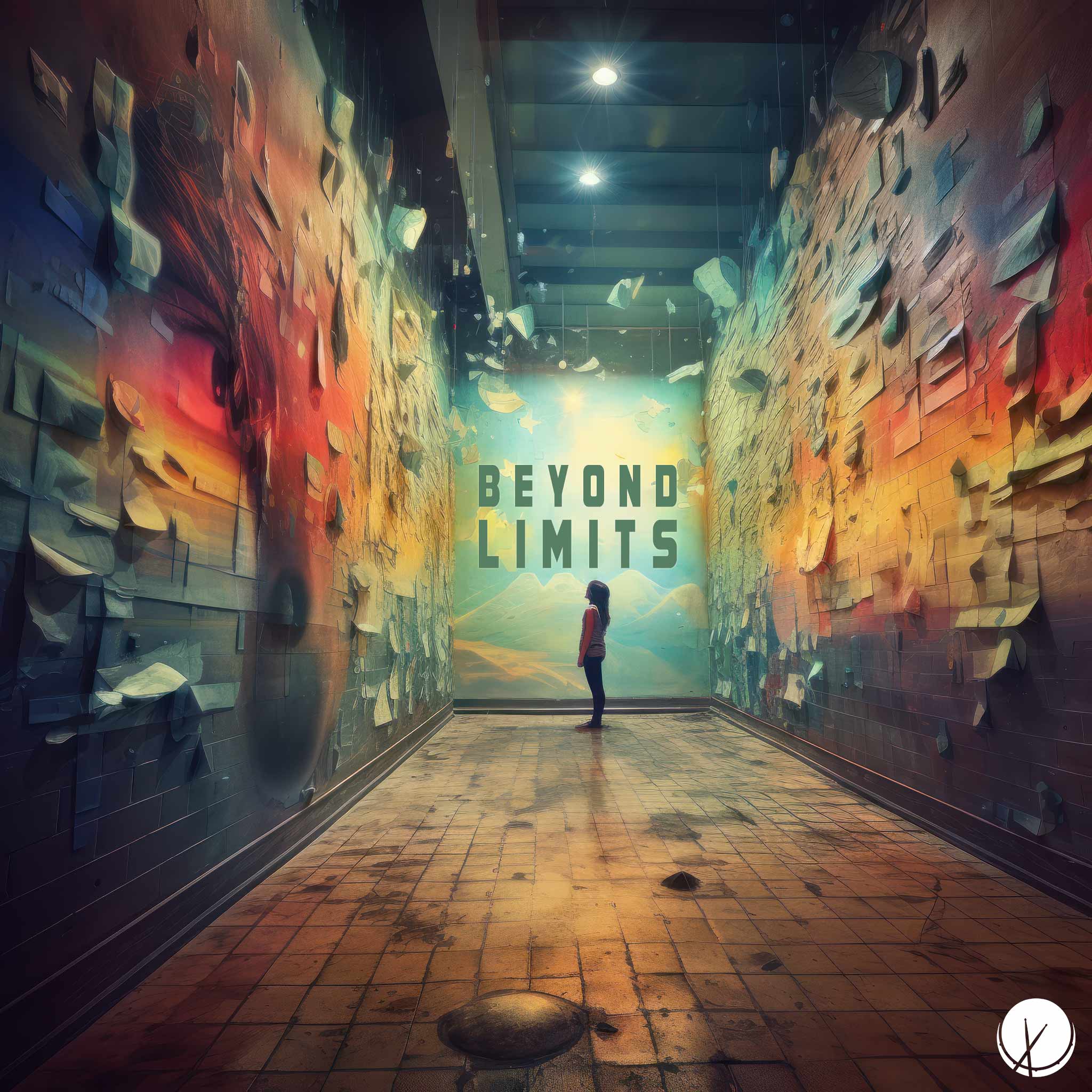 Captivating scene titled "Beyond Limits" featuring a woman standing in a museum-like setting with papers attached all along the walls. The title text is centered on the back wall, and the illustration is colorful and vibrant, creating an engaging and imaginative atmosphere.