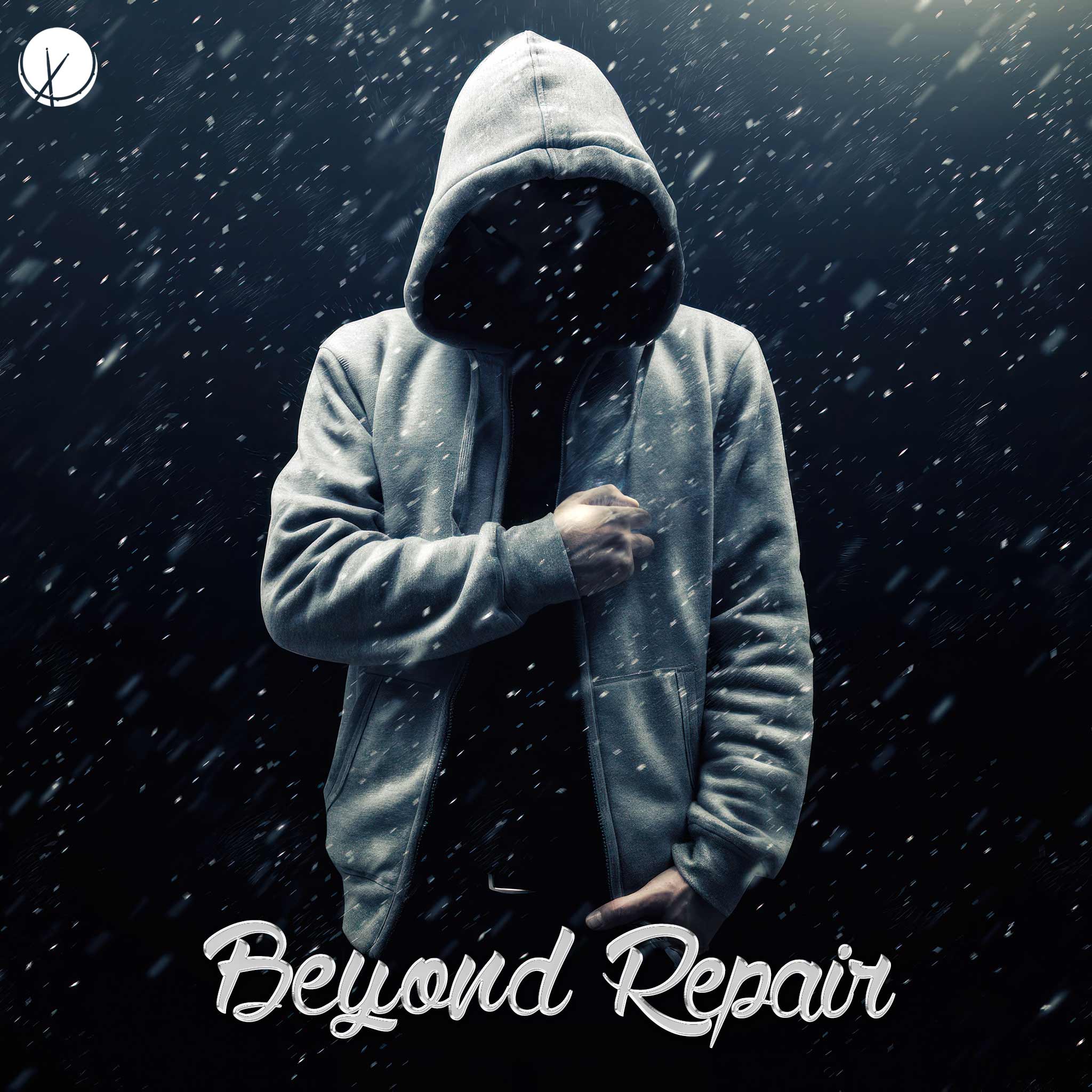 Intense scene titled "Beyond Repair" featuring a young man with a serious expression, wearing a gray hooded sweater with the hood on. The dark background is filled with snow particles, creating a cinematic and 8K-quality image with a striking blue hue.