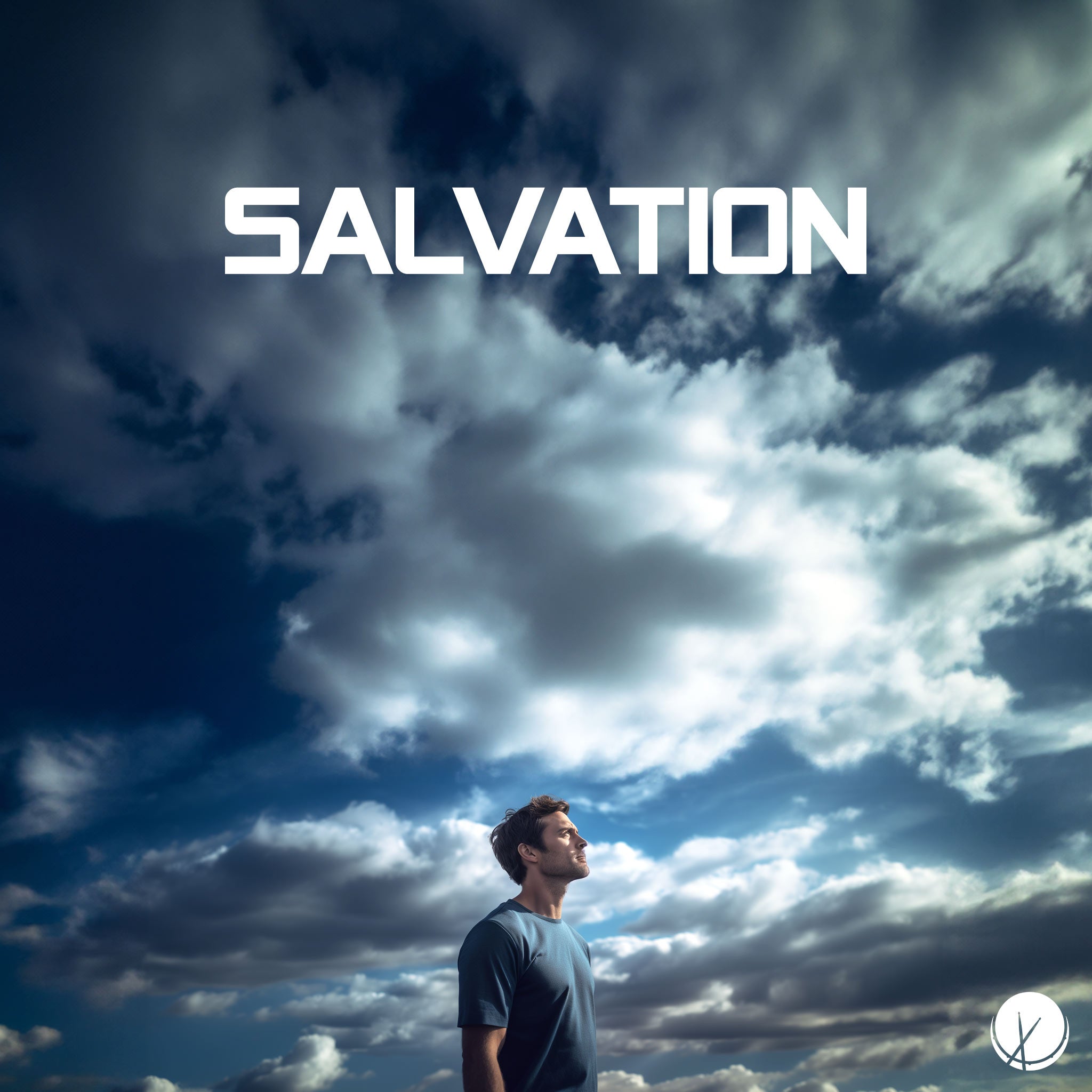 Image featuring a big cloudy blue sky with a blue hue at the bottom center. A man is standing and looking up. Title: "Salvation."