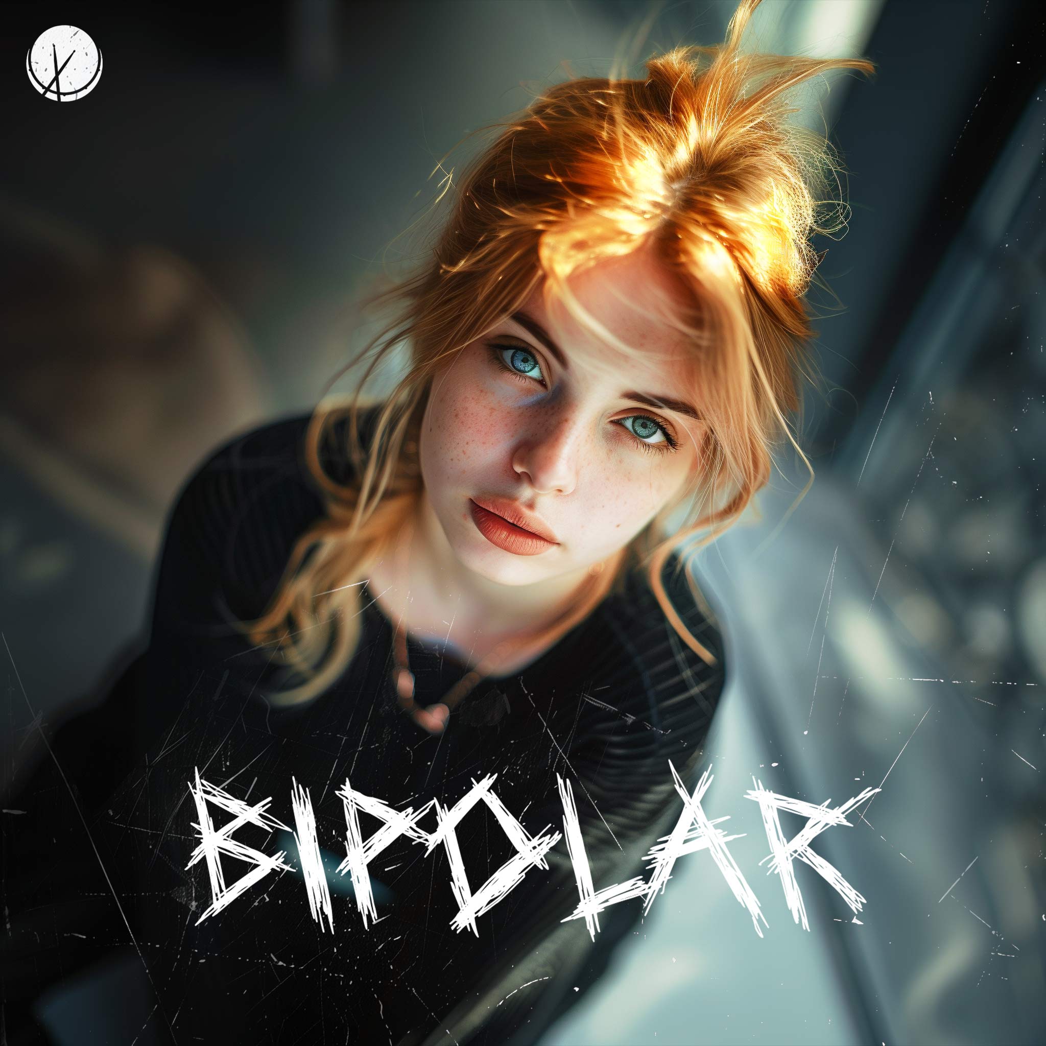 An attractive redhead with freckles and blue eyes wearing a black sweater, giving a piercing stare with a scratchy texture overlay, capturing a mood of complexity and depth. Title: 'Bipolar.'