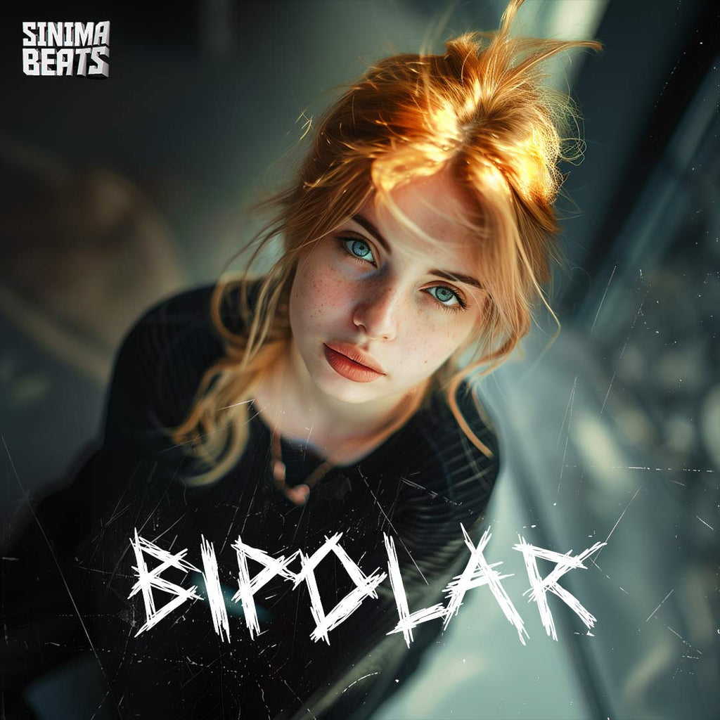 An attractive redhead with freckles and blue eyes wearing a black sweater, giving a piercing stare with a scratchy texture overlay, capturing a mood of complexity and depth. Title: 'Bipolar.'