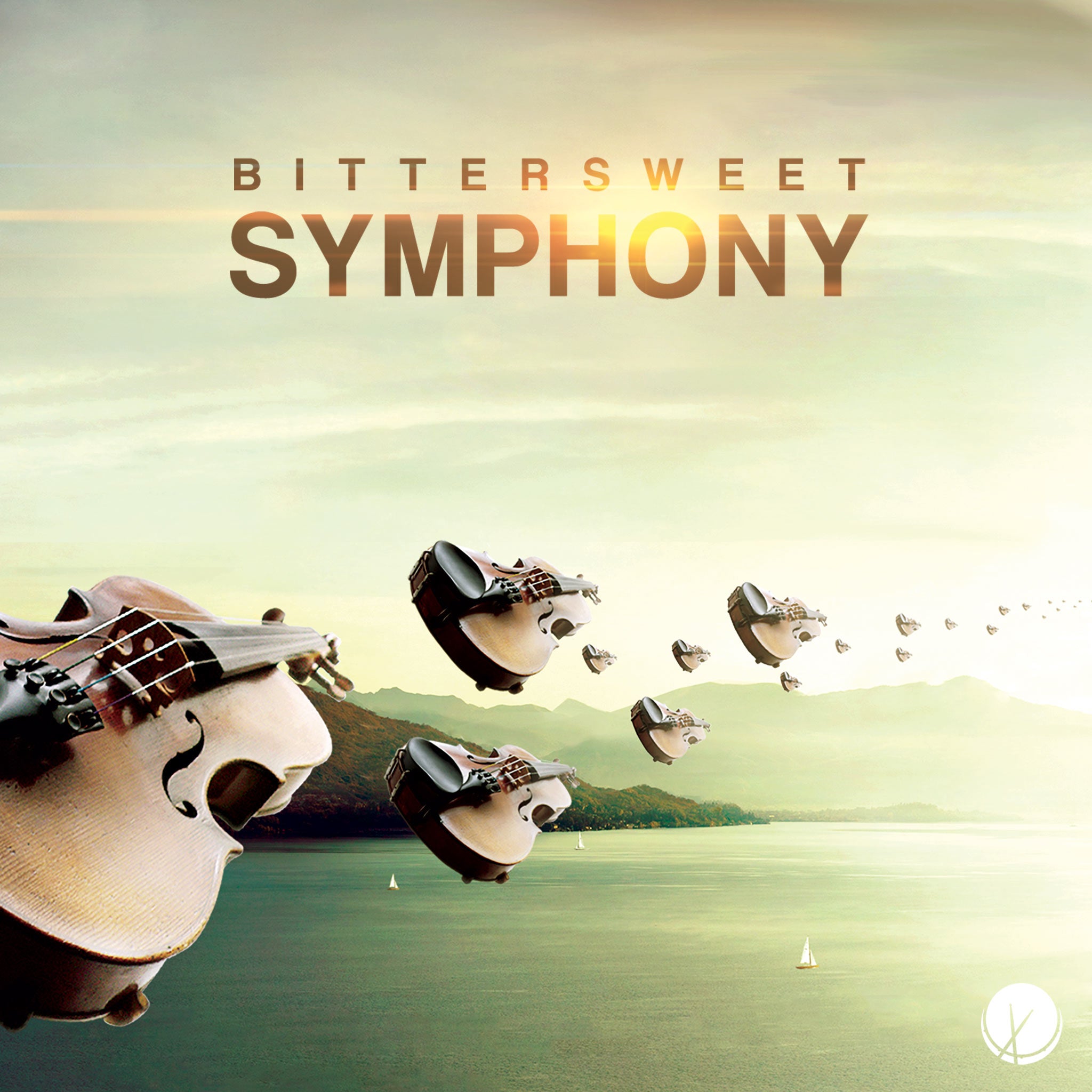 Violins Floating Across the Sky Over the Ocean and Land with Green Hue, Surreal Cover Art (2048px by 2048px, high resolution). Title: "Bittersweet Symphony."