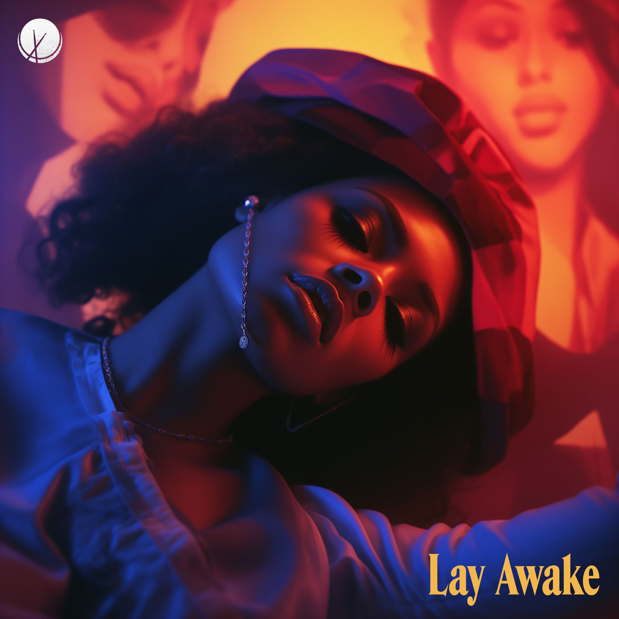 Image of a black girl laying back in a room setting with colorful blue and red lighting; with women depicted on the wall. Title: "Lay Awake."