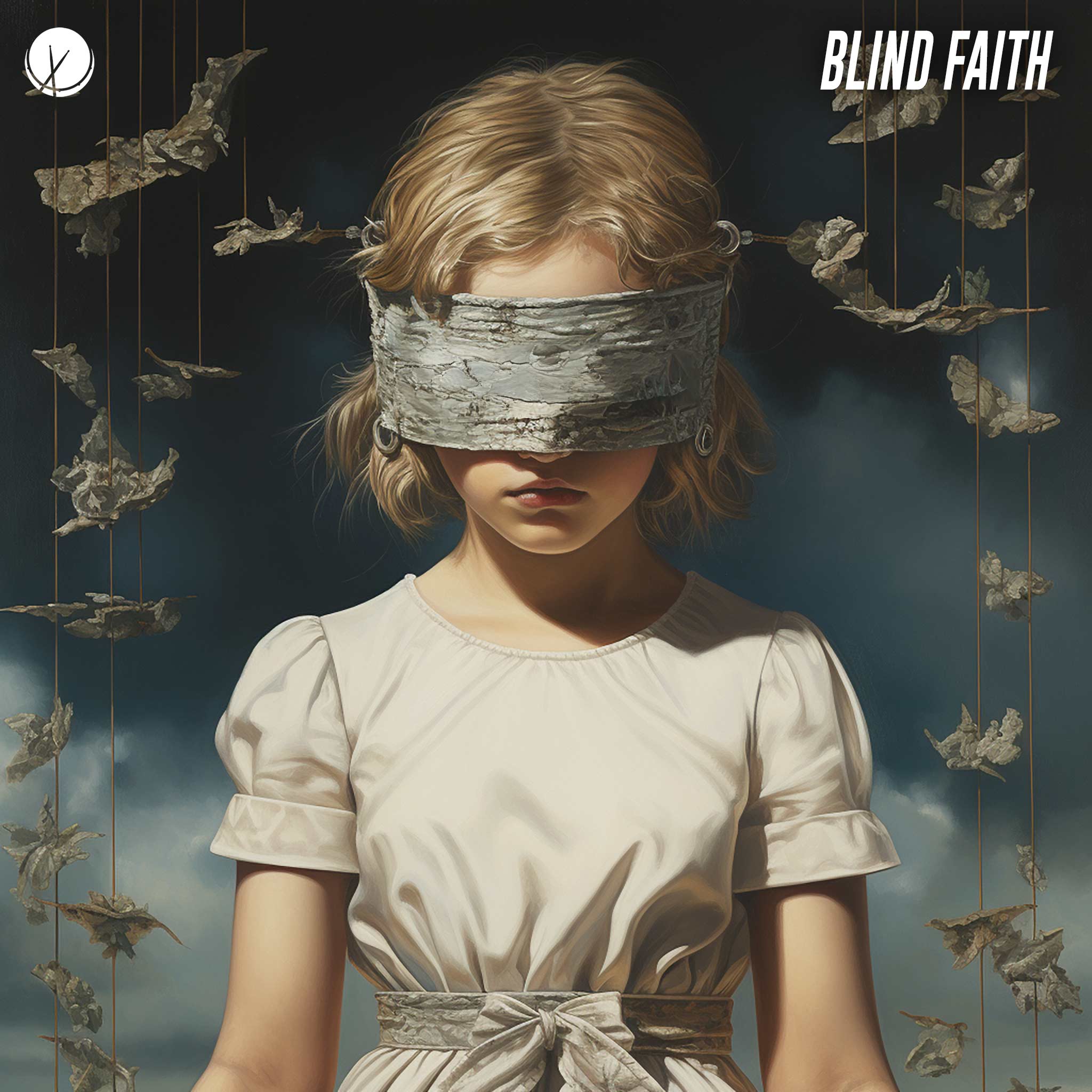 Blind Faith: Photorealistic Illustration of a Little Girl in Blond and Beige Dress, Walking with a Large Blindfold, Surrounded by Paper Figures Hanging from Strings.