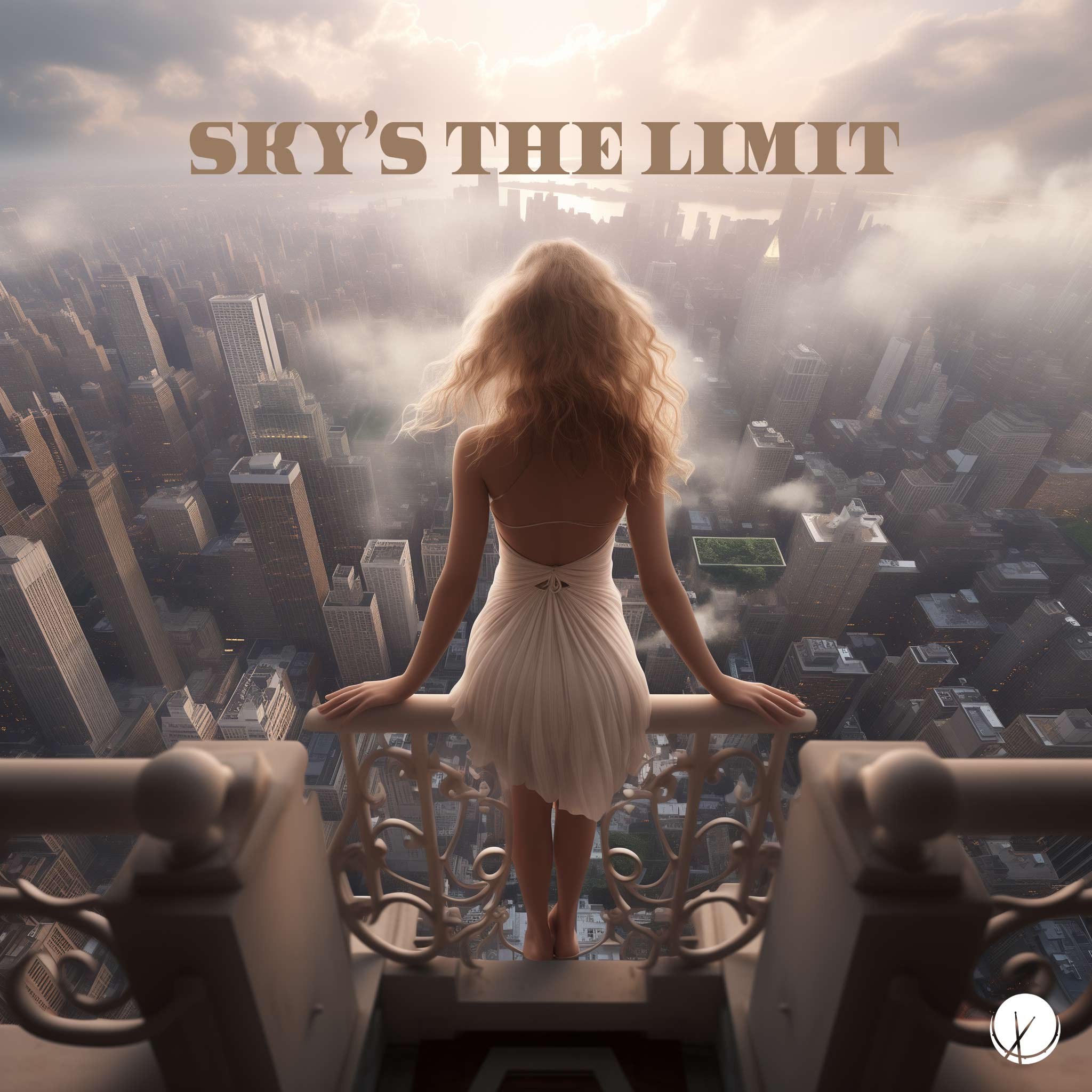 Image of a blonde beauty full of ambition standing on the top of a New York City skyline building. Title: "Sky's the Limit."