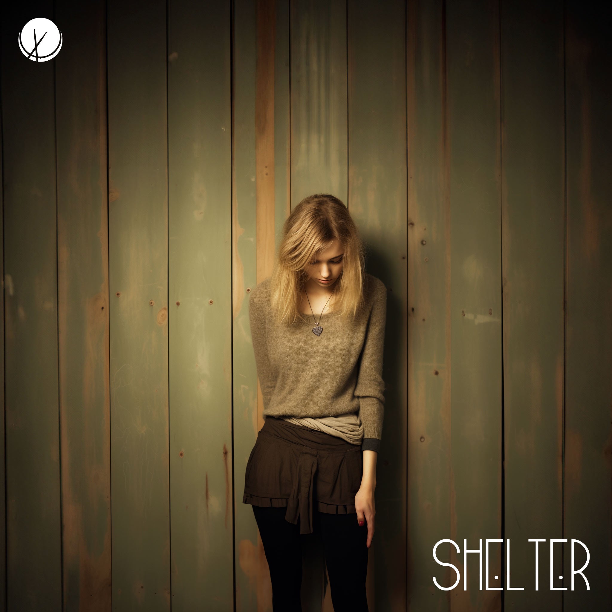 Image of a blonde young woman wearing a black miniskirt, leggings, black shoes, a beige oversized sweater, and a shoulder bag. She has her eyes closed, head tilted slightly downward, and is leaning against a wooden plank backdrop. Title: "Shelter."