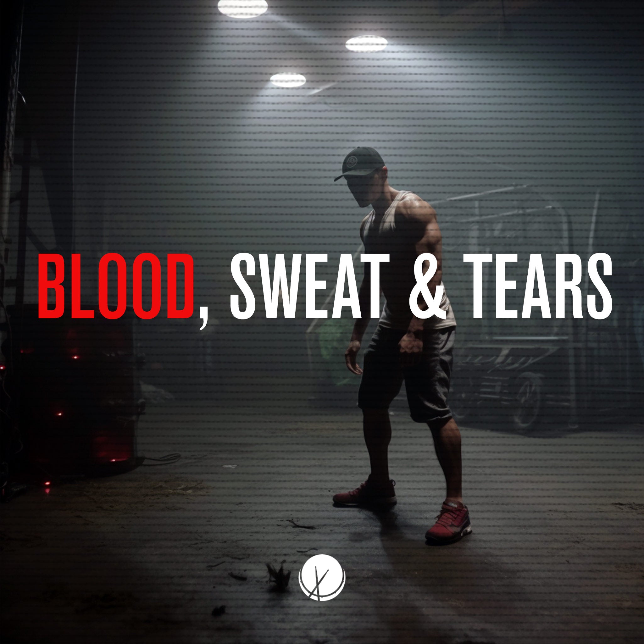 Rock rap cover art featuring a man in the gym, wearing workout gear and displaying a strong physique. The image has a TV screen overlay effect. Title: "Blood, Sweat & Tears."