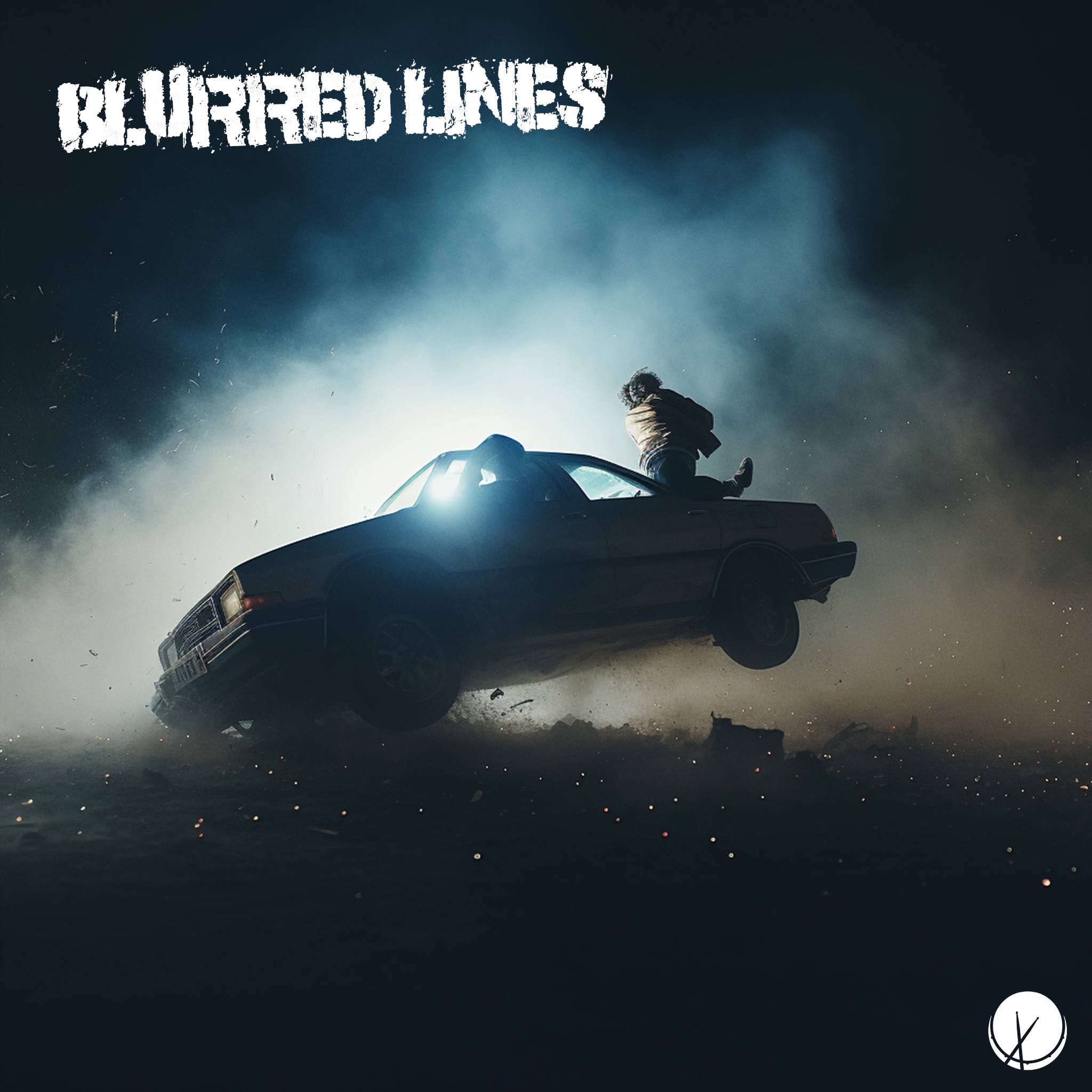 Image depicting a scene with a car crashing, people being ejected, during nighttime with light particles and fog. Title: "Blurred Lines."