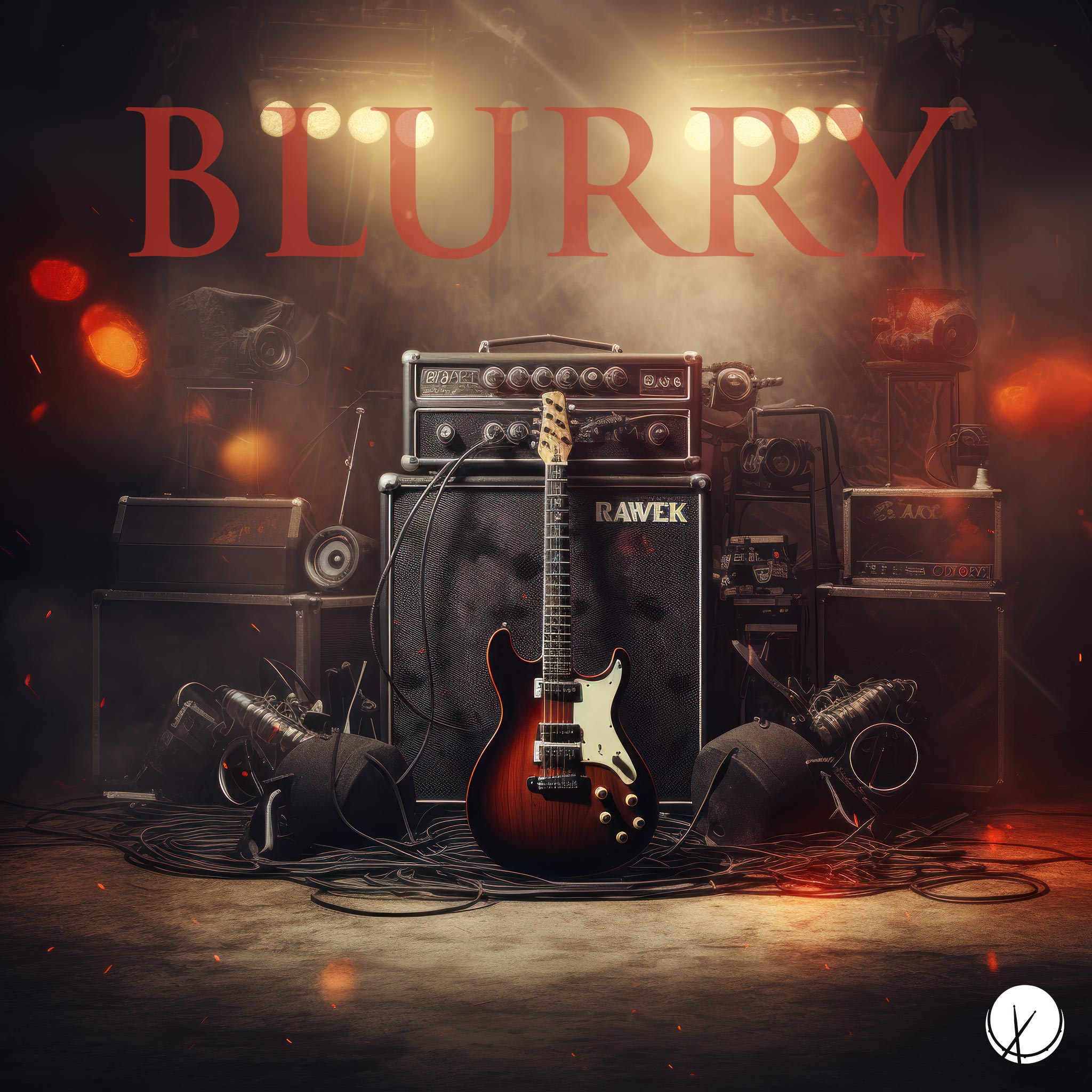 Dynamic scene titled "Blurry" featuring an on-stage rock band with instruments, speakers, guitar, and amplifiers in CGI. The stage is illuminated with stage lighting, and spark particles add a vibrant and energetic atmosphere to the composition.