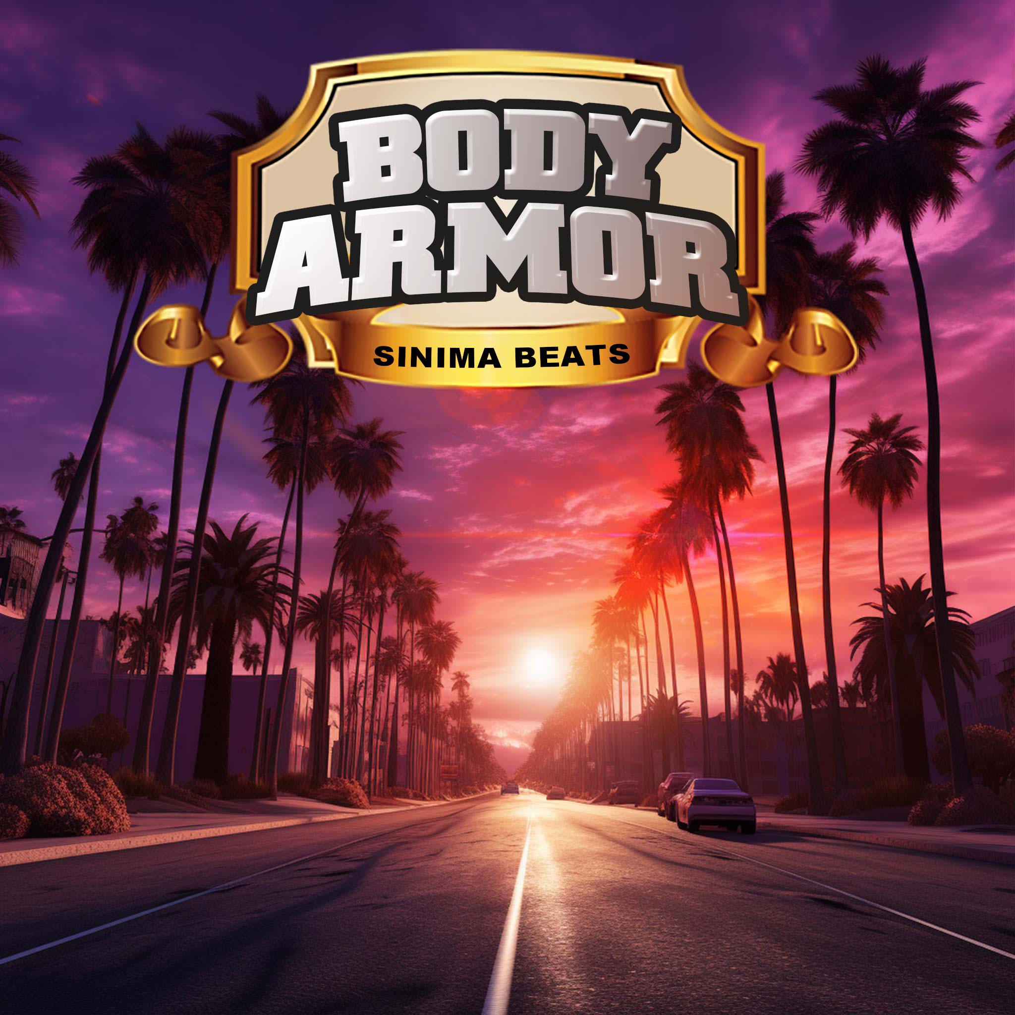 Image capturing the essence of Body Armor in California, with a purple hue, depicting a street scene during sunset with palm trees. 