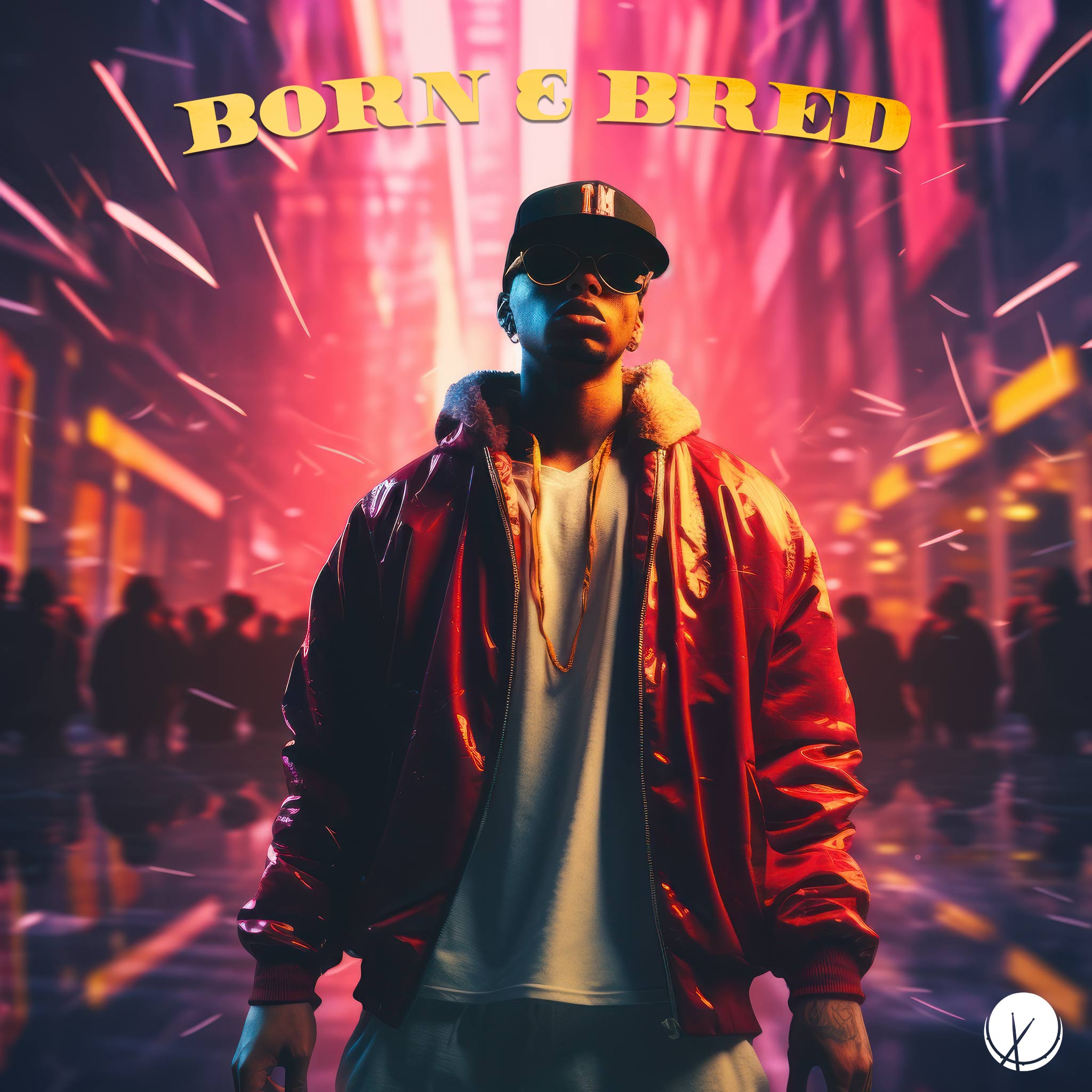 Striking scene titled "Born and Bred" featuring a rapper in a red coat, sunglasses, and a baseball cap standing in the city amid crowded streets. The city lights and vibrant colors create a dynamic and stylish composition.