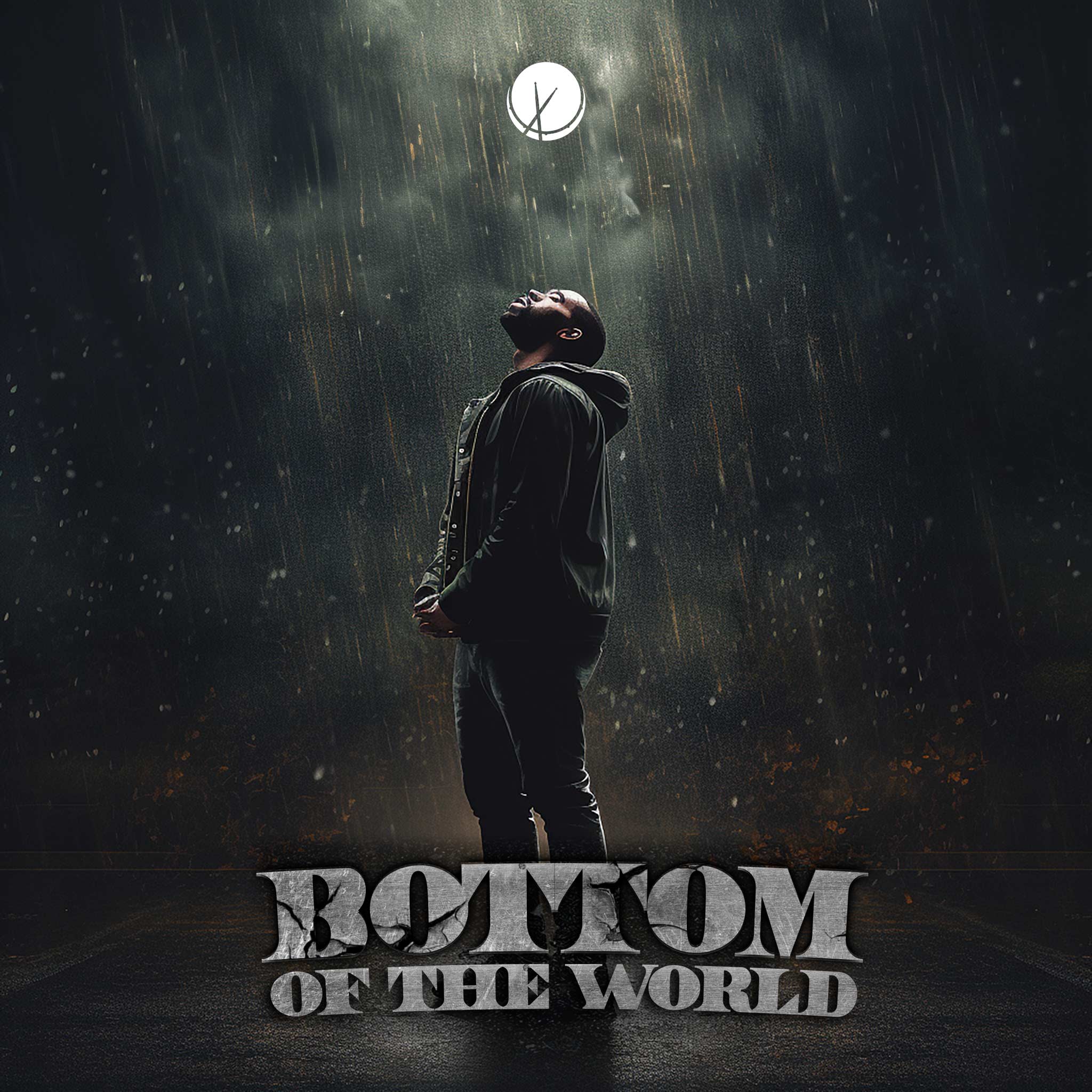 Intense scene titled "Bottom of the World" featuring a rapper standing in the rain at nighttime. The dark and cinematic setting adds drama to the photorealistic composition, creating a compelling and atmospheric image.