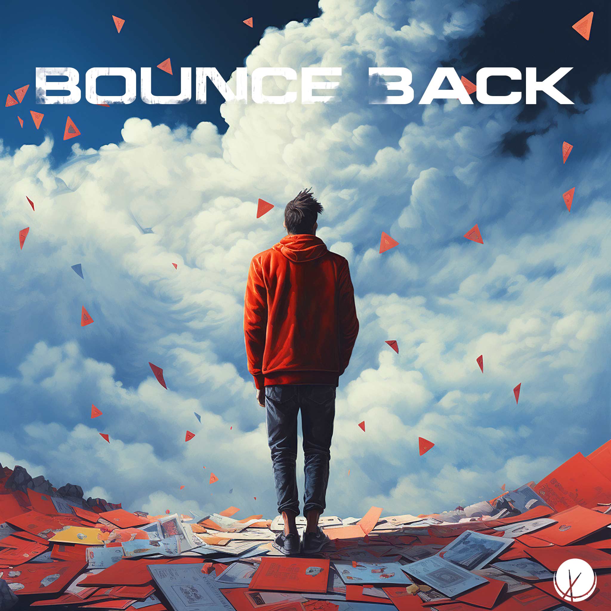 Bounce-Back College-Aged Man in Blue Jeans and Red Hooded Sweatshirt - Illustration of a resilient individual standing on piles of letters and mail, gazing out at a cloudy sky.