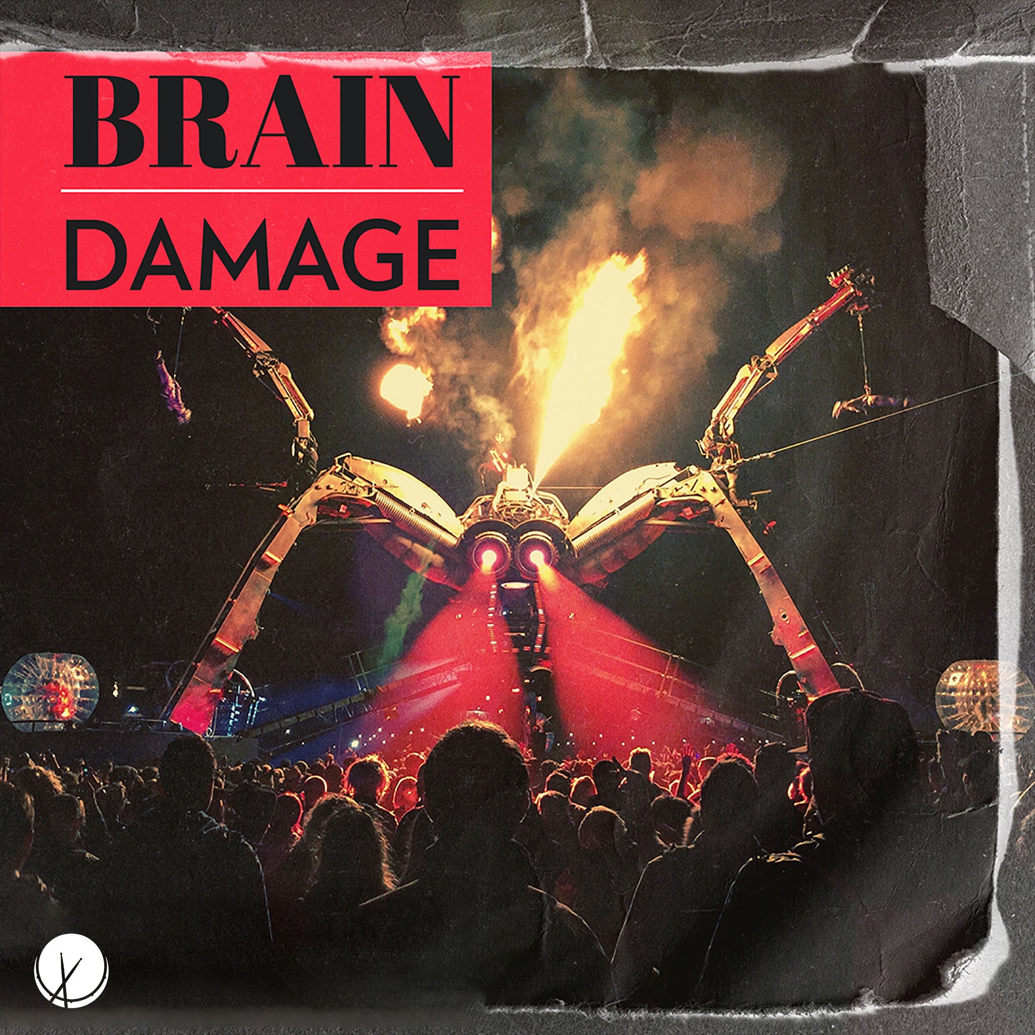 Brain Damage: Chaotic Scene of a Giant Mechanical Machine Towering Over a Crowd of People, Who Are All Looking Up at It - Danger, Fire - Night Time.