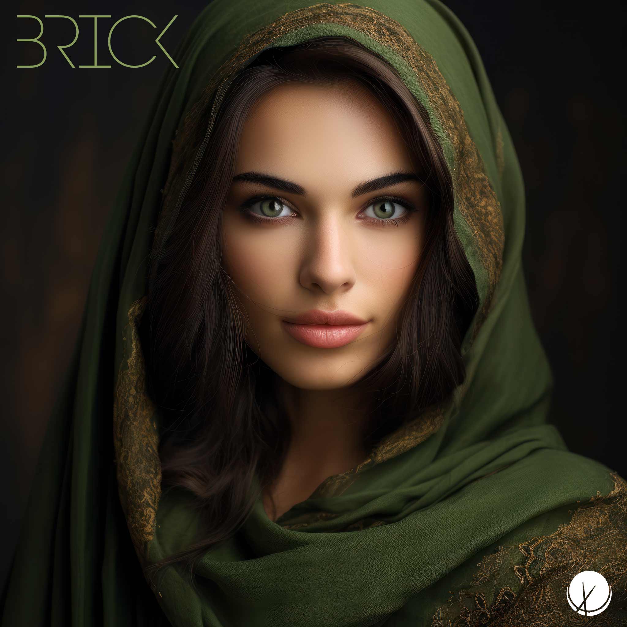 Striking scene titled "Brick" featuring a stunning Middle Eastern woman in traditional style clothing, wearing a hijab. She has a brunette appearance and captivating green eyes, exuding beauty and cultural richness.