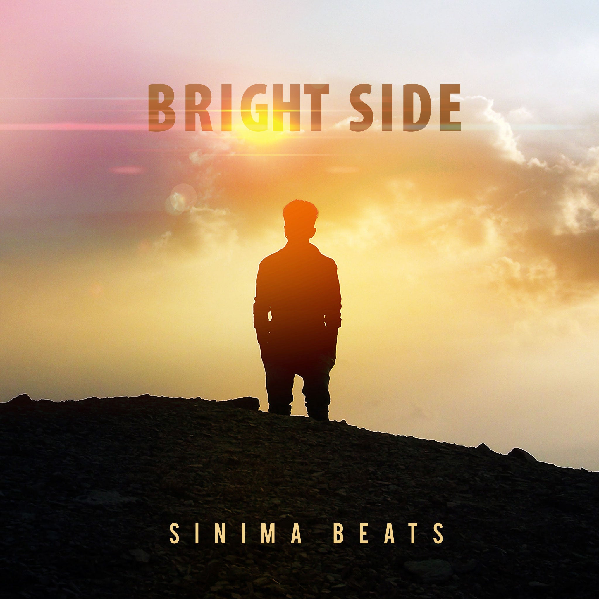 Man standing on a mountain with sunlight beaming from the sky, featured on electronic music cover art - Bright Side