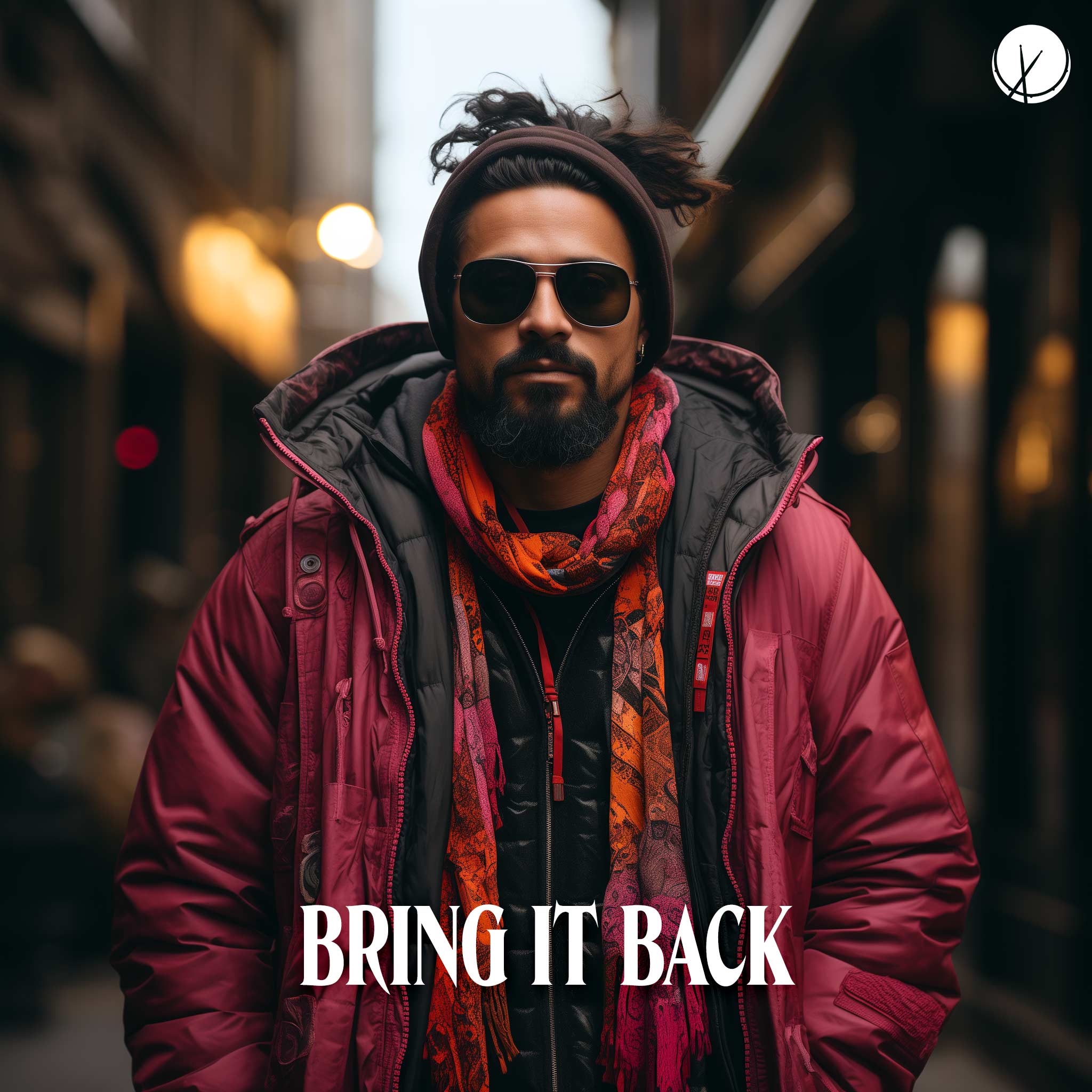 Stylish scene titled "Bring It Back" featuring an Indian man in stylish clothing, including a red coat, scarf, sunglasses, and beard. The backdrop is a city setting during daytime, capturing a fashionable and confident vibe.