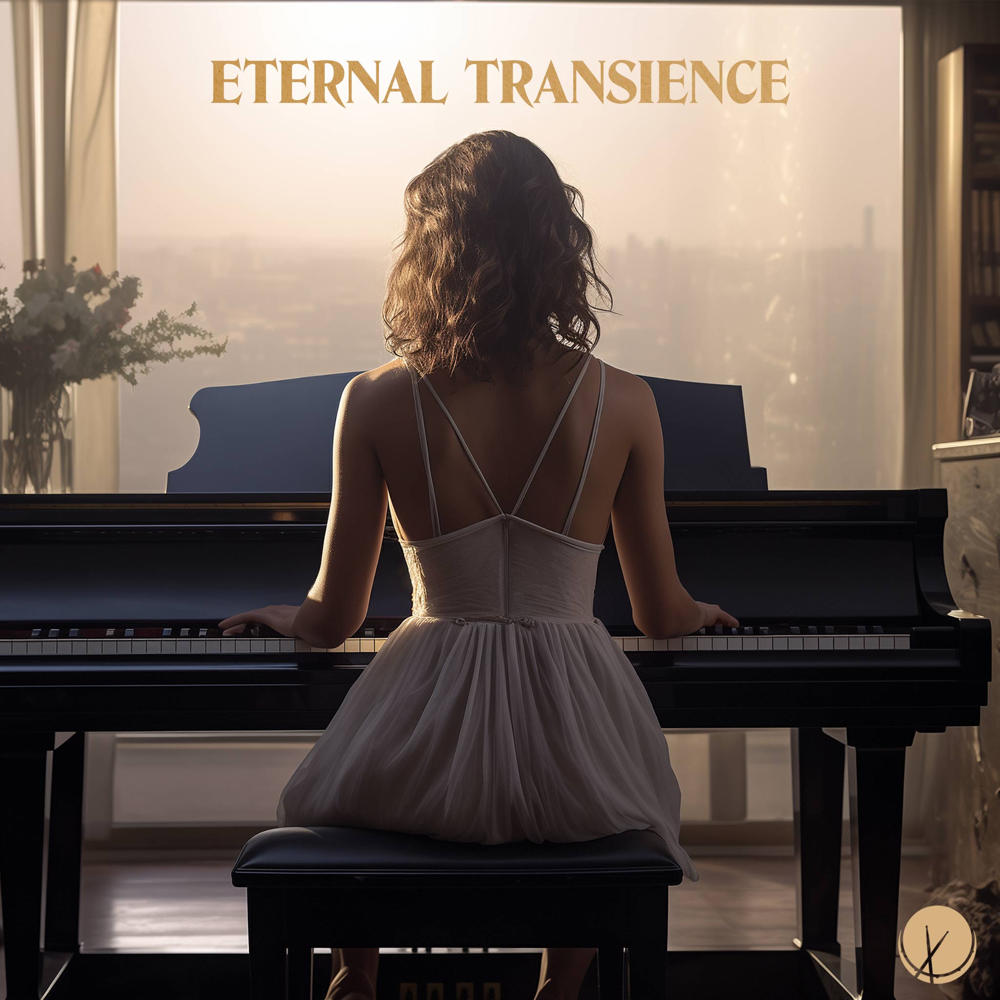 Image of a brunette girl in a white dress playing the piano by a window overlooking the city, captured on Fuji C200. Title: "Eternal Transience."